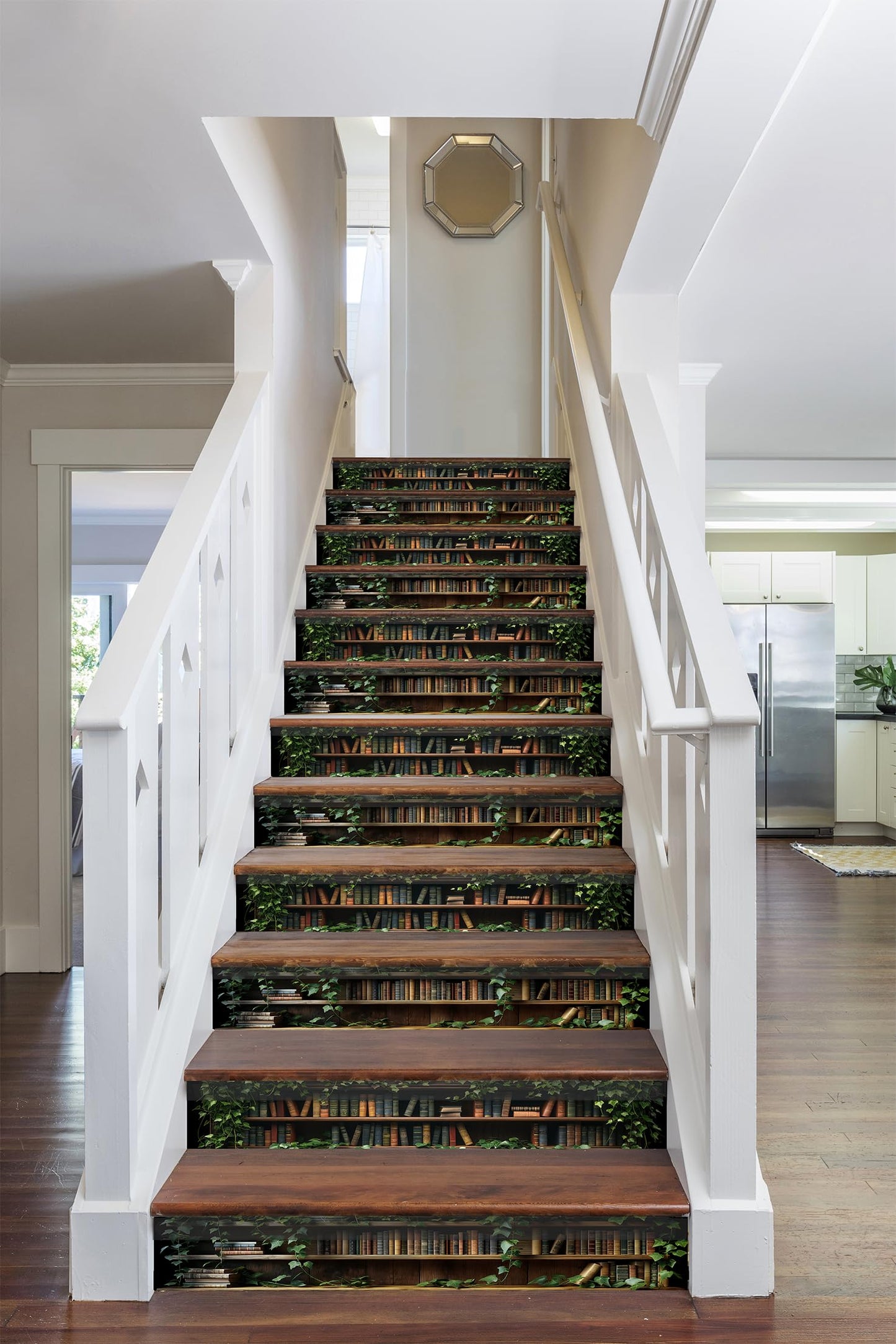 AMAZING WALL Botanical Stair Riser Stickers, Green Plants Library Bookshelf Design, Peel and Stick, Removable, Set of 12, Nature-Inspired Decor