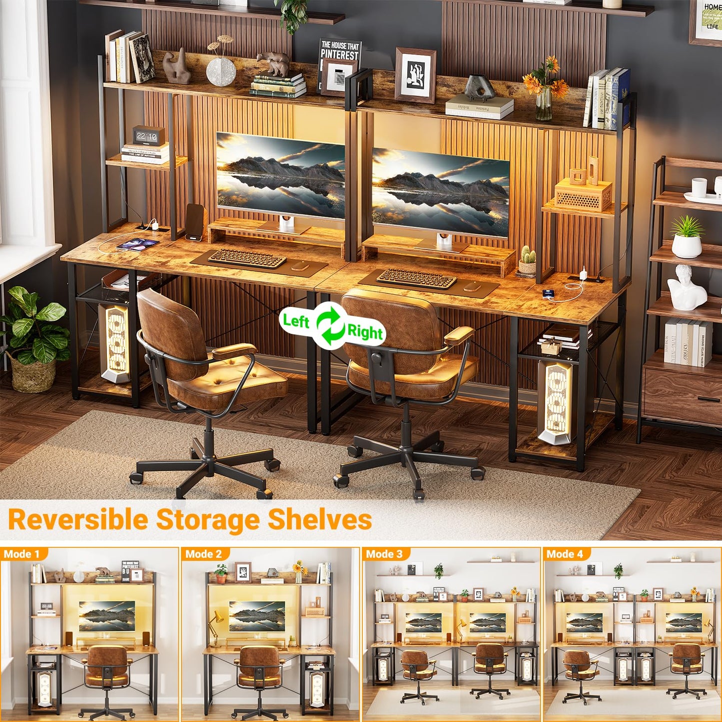 Cyclysio Gaming Desk with Hutch, 39'' Computer Desk with LED Lights & Power Outlets, Home Office Desk with Reversible 5 Tiers Storage Shelves & Monitor Stand, Small Gaming Table for Small Space,Rustic