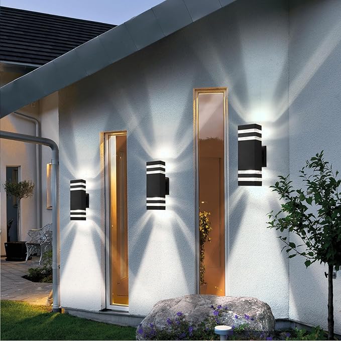 tewei 4 Pack Outdoor Wall Lights, Modern Exterior Light Fixture Wall Mount Black Outdoor Lights for House Waterproof Aluminum Up and Down Porch Lights Outdoor Wall for Porch Patio Garage, 2-Layer
