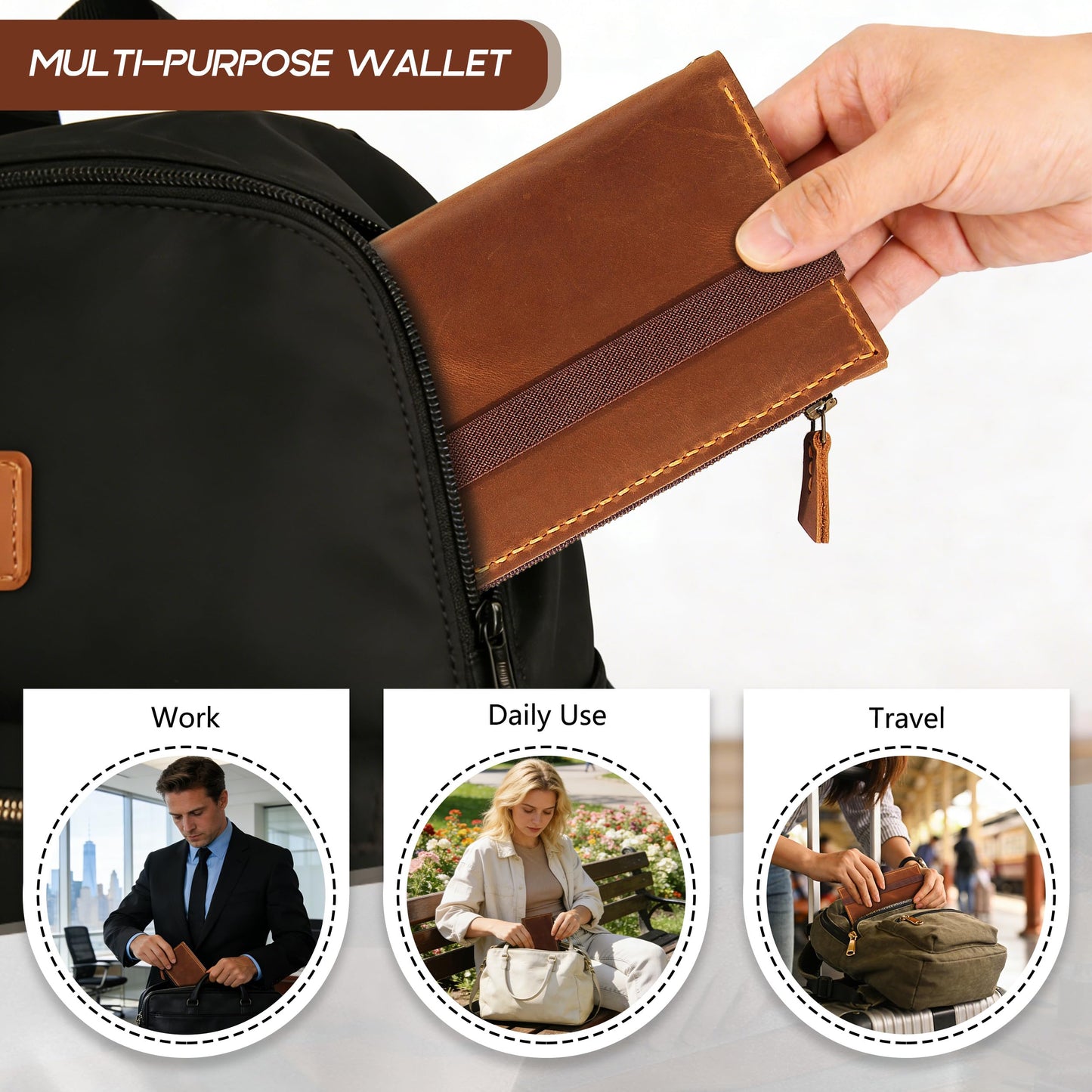 Robrasim Leather Wallet for Men and Women, Handmade Detachable Chain Wristlet Long Bifold Clutch with Large Capacity Zipper Coin Pocket (Brown, 7.87"x4.17")