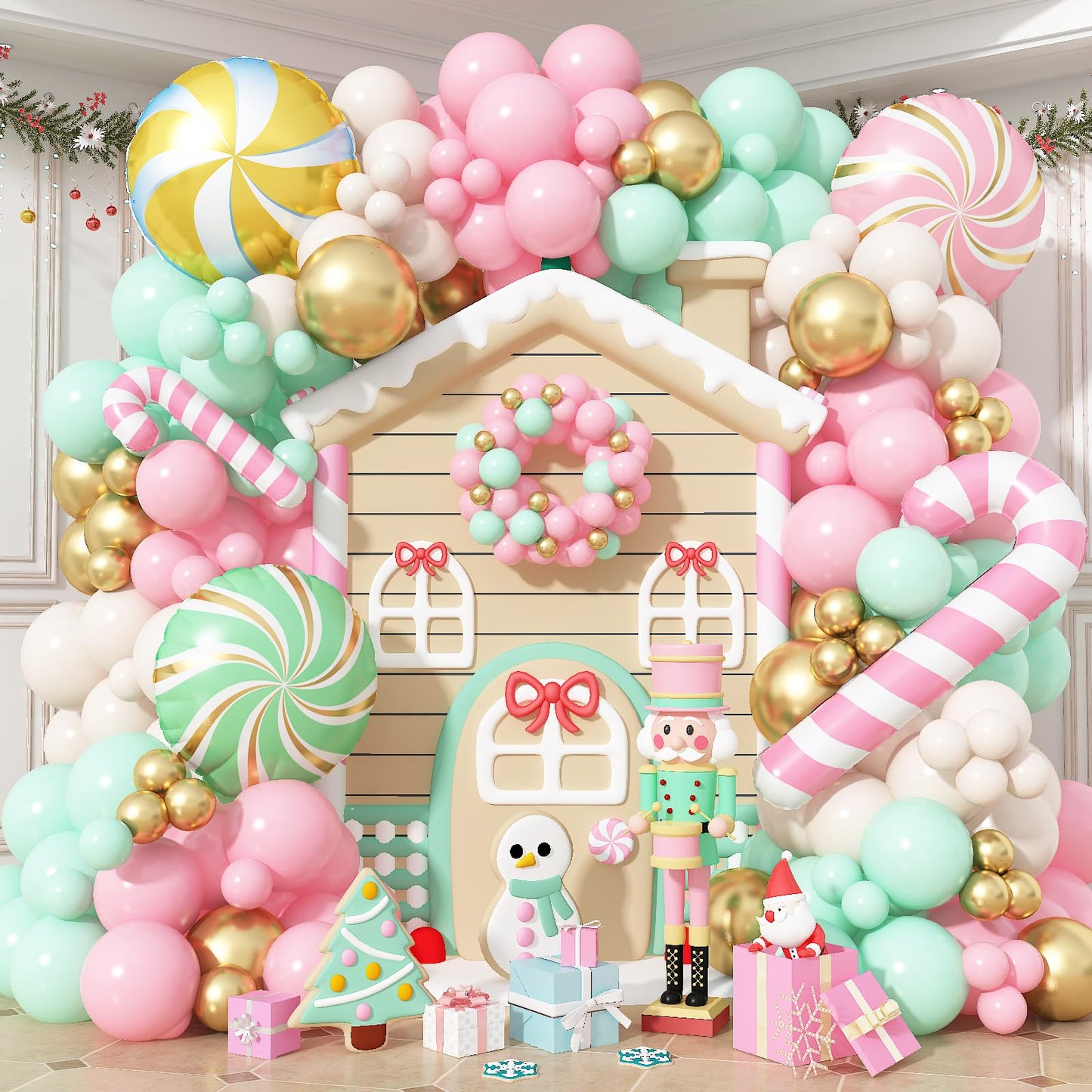 Christmas Balloons Garland Arch Kit, 125pcs Pastel Pink Green Balloon with Candy Cane Peppermint Foil Balloon for Christmas Theme New Year Xmas Holiday Birthday Party Decorations