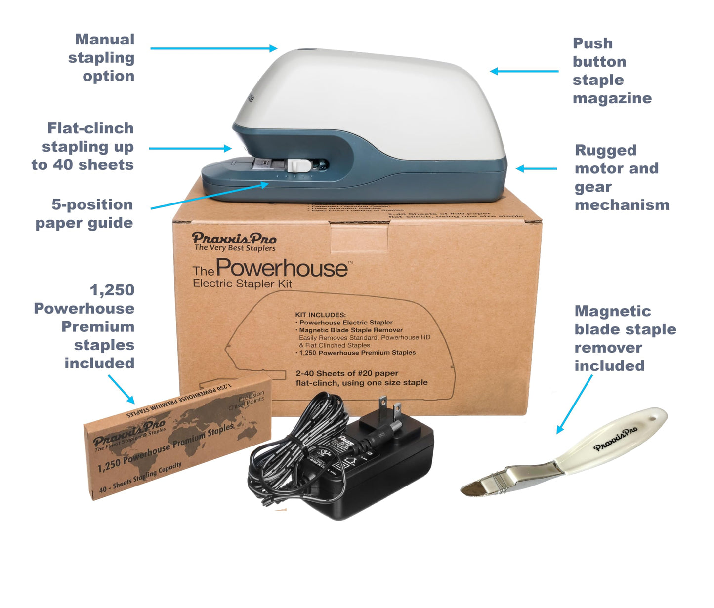 PraxxisPro Powerhouse Ultra-Quiet 40 Sheet Premium Electric Stapler – Jam-Free Flat Clinch for Office, School, or Home – Adapter, Magnetic Remover, 1,250 Staples, Does not Require Special Staples