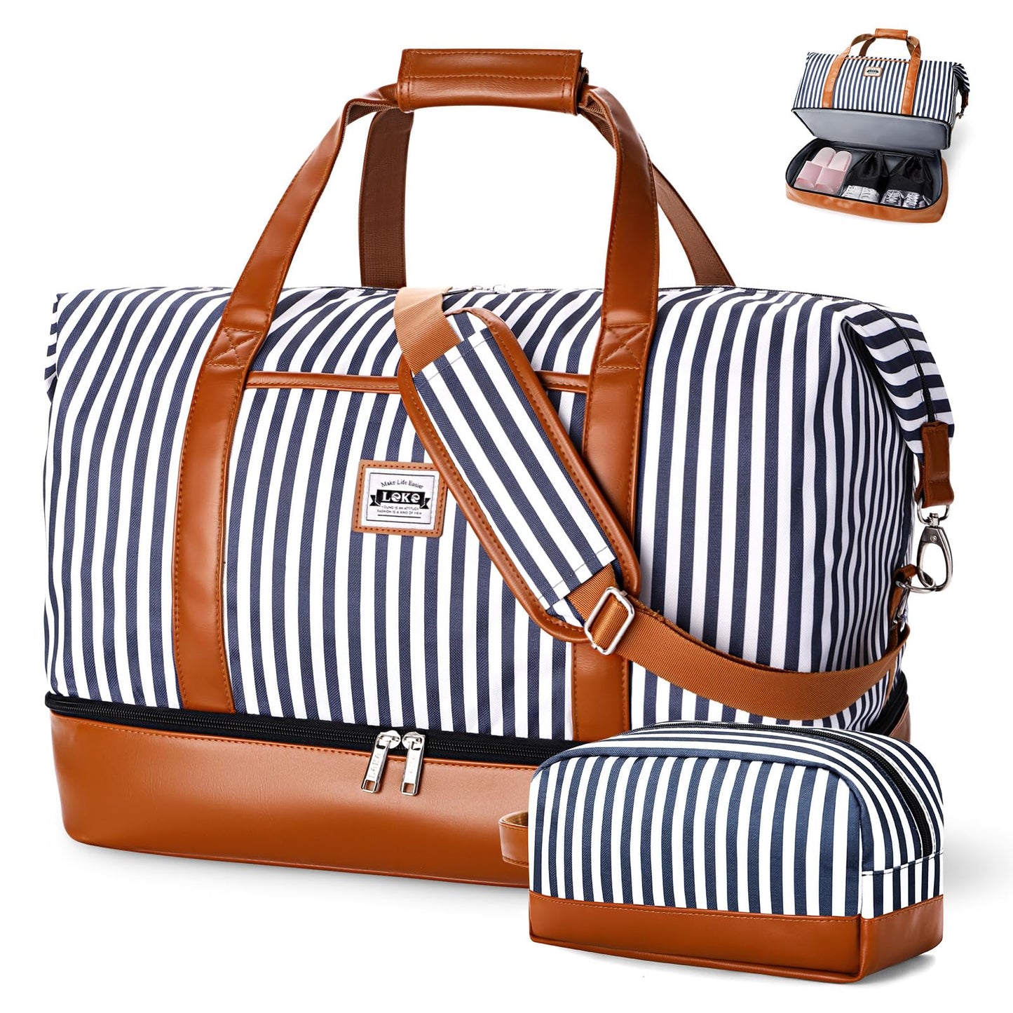 Lekebobor Weekender Bag for Women, Large Holdall Travel Duffle / Overnight Bag with Shoes Compartment & Toiletry Bag, 50L (Blue Striped)