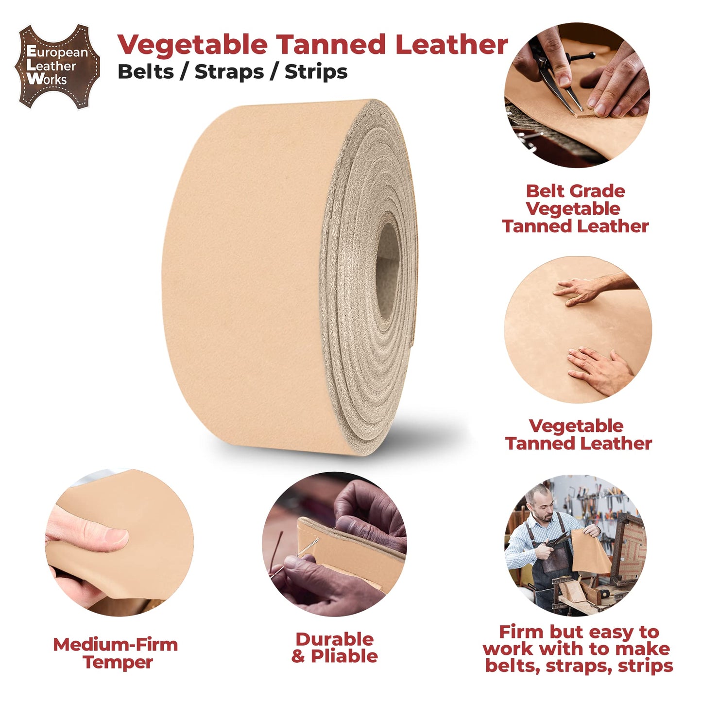 ELW Belt Blanks Strips/Straps 8/9 oz. (3.2-3.6mm) Thickness Size 4"x84" Full Grain Import Natural Cowhide Vegetable Tanned Leather for Tooling, Engraving, Embossing, Molding, & Dyeing