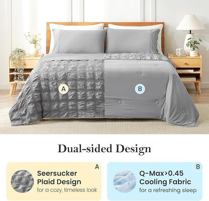 Cozy Bliss Cooling Comforter Queen Size Seersucker Plaid, Q-Max 0.4 Reversible Lightweight Cooling Blanket, Breathable Silk Smooth Summer Bedding Quilt for Hot Sleepers Night Sweats Dark Grey