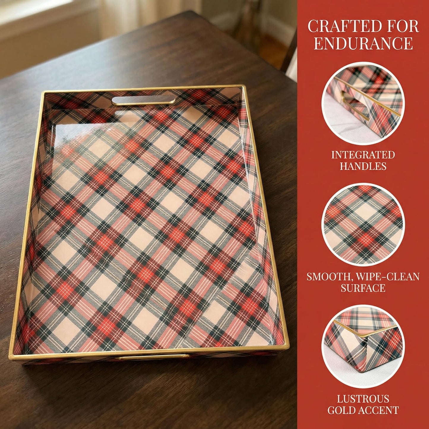 Umisriro Rectangular Decorative Tray with Handles, Plastic Serving Tray for Living Room, Home Decor, Christmas，15.7" x 11.8" Red Plaid
