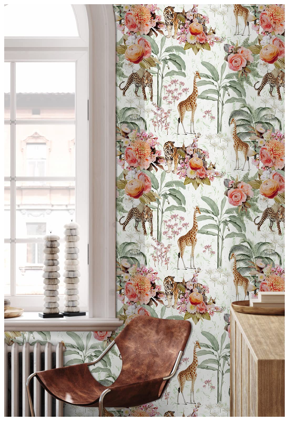 HAOKHOME Forest Peel and Stick Floral Wallpaper Jungle Animal Removable White/Green/Pink Vinyl Self Adhesive Mural 17.7in x 9.8ft