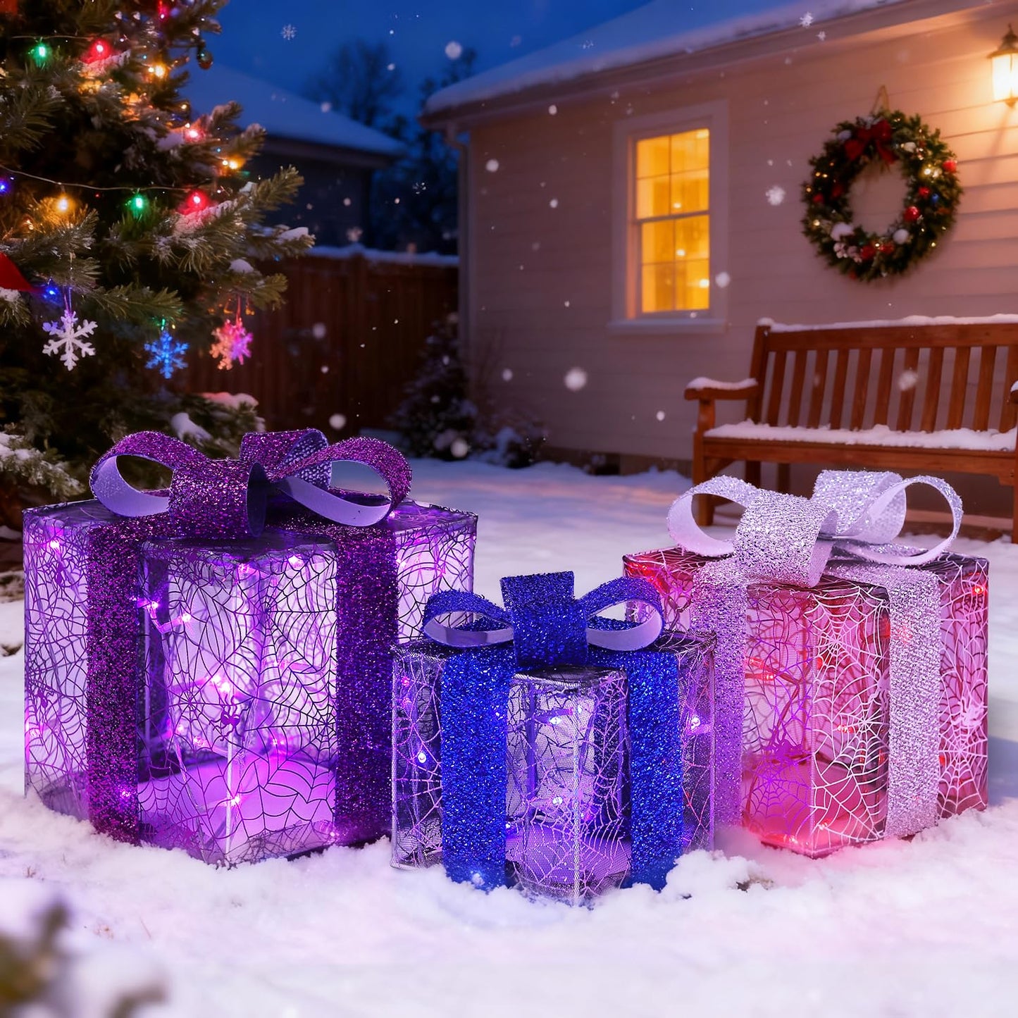 DomKom Set of 3 Halloween Christmas Lighted Gift Boxes Decorations, Plug-in 60 LEDs Metal Frame Present Box, Light Up Xmas Tree Skirt Ornament Decor for Yard Patio Lawn Party