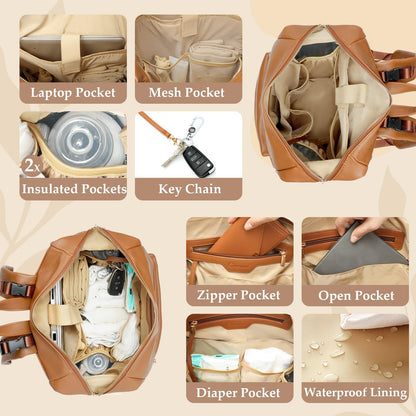 Omanmoli Diaper Bag Backpack Leather Backpack with 17 Pockets Travel Baby Diaper Bag,4 Insulated Pockets,Stroller Straps,Changing Pad,Brown