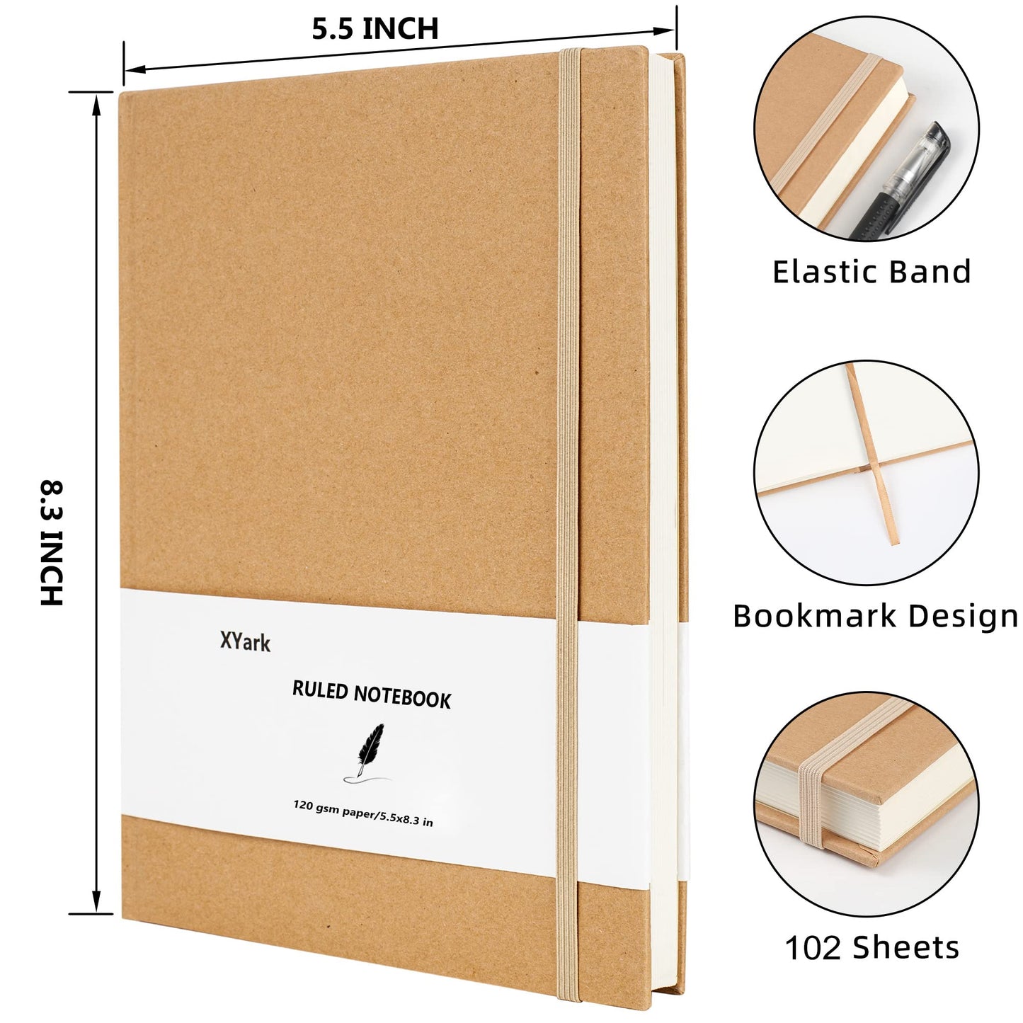 XYark A5 Line Kraft Notebook Journals Bulk, College Ruled Hardcover Writing Subject Composition Notebooks with Lined Paper, 2 Pack, 120GSM, 102 Sheets, 5.5x8.3 inch, Travel Journal Set