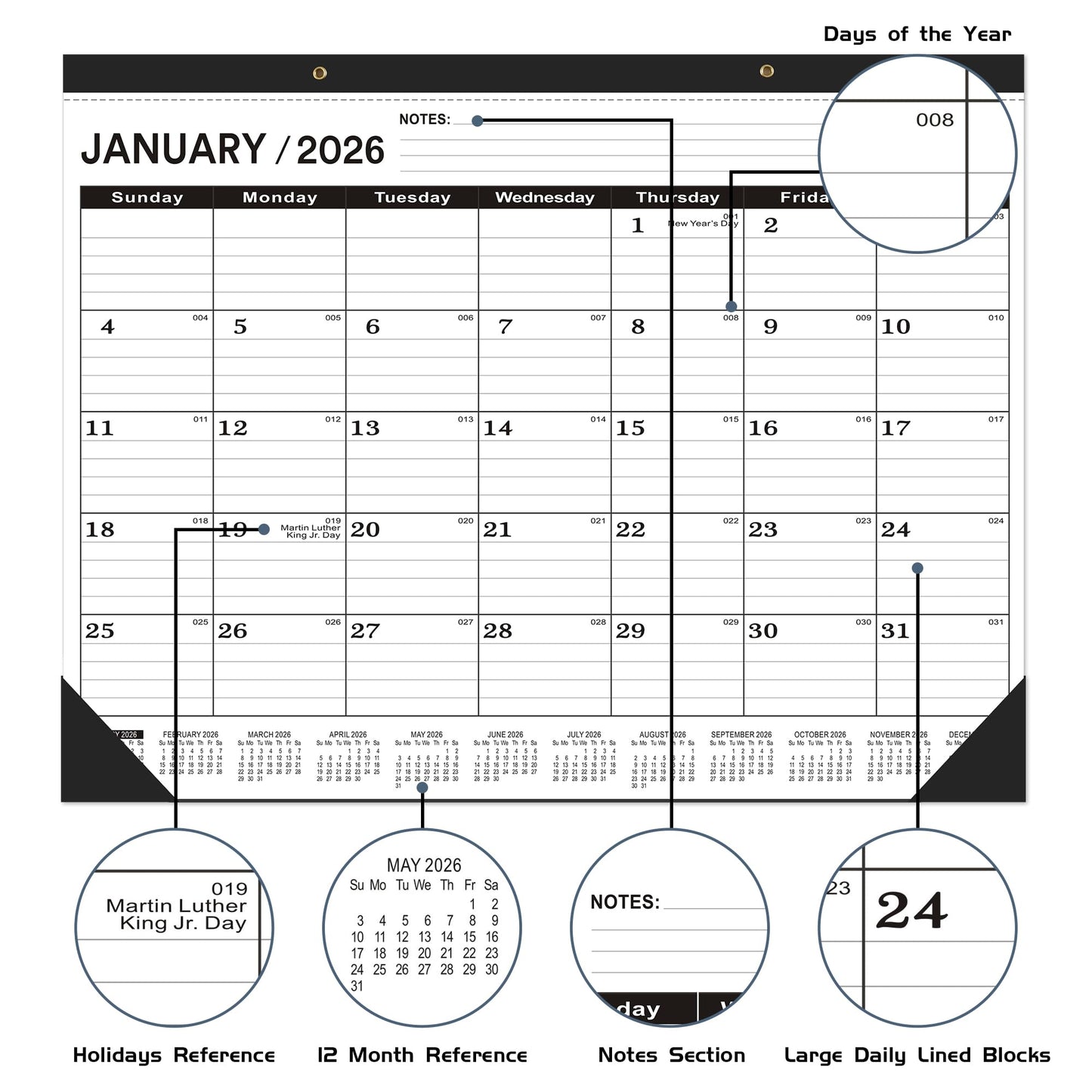 Desk Calendar 2026(January 2026 - June 2027)，2026 Desk Calendar Large 22 x17，2026 Calendar,Classic Black,Large Calendar 2026-2027 with Plastic Cover