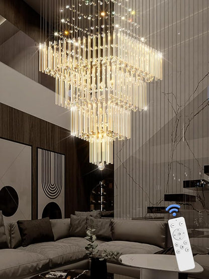 Flashing God D32''X H100'' Extra Large Chandeliers for High Ceilings Square Crystal Raindrop Gold Chandeliers Large Villa Chandelier Entrance Foyer Ceiling Light LED Dimmable 2700K-6000K