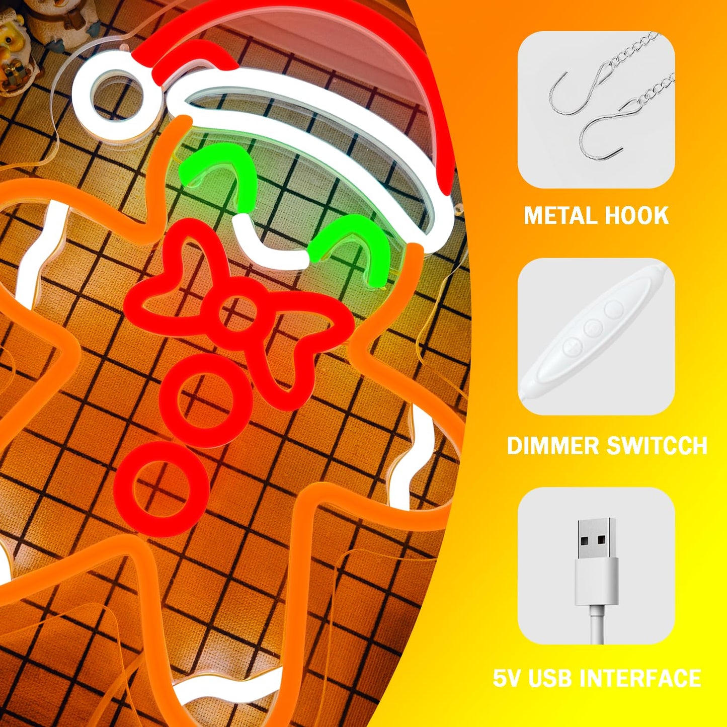 Gingerbread Man Neon Sign - Dimmable Christmas Neon Light for Wall Decor - Merry Christmas Light up Sign for Bedroom, Living Room, Home