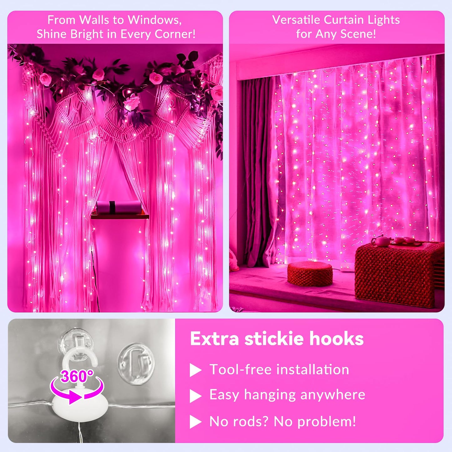 HXWEIYE 300LED Fairy Curtain Lights, 9.8x9.8Ft USB Plug-in 8 Modes Christmas String Hanging Lights with Remote for Bedroom Backdrop Wedding Indoor Wall Decor, Pink, Standard – 1 Pack