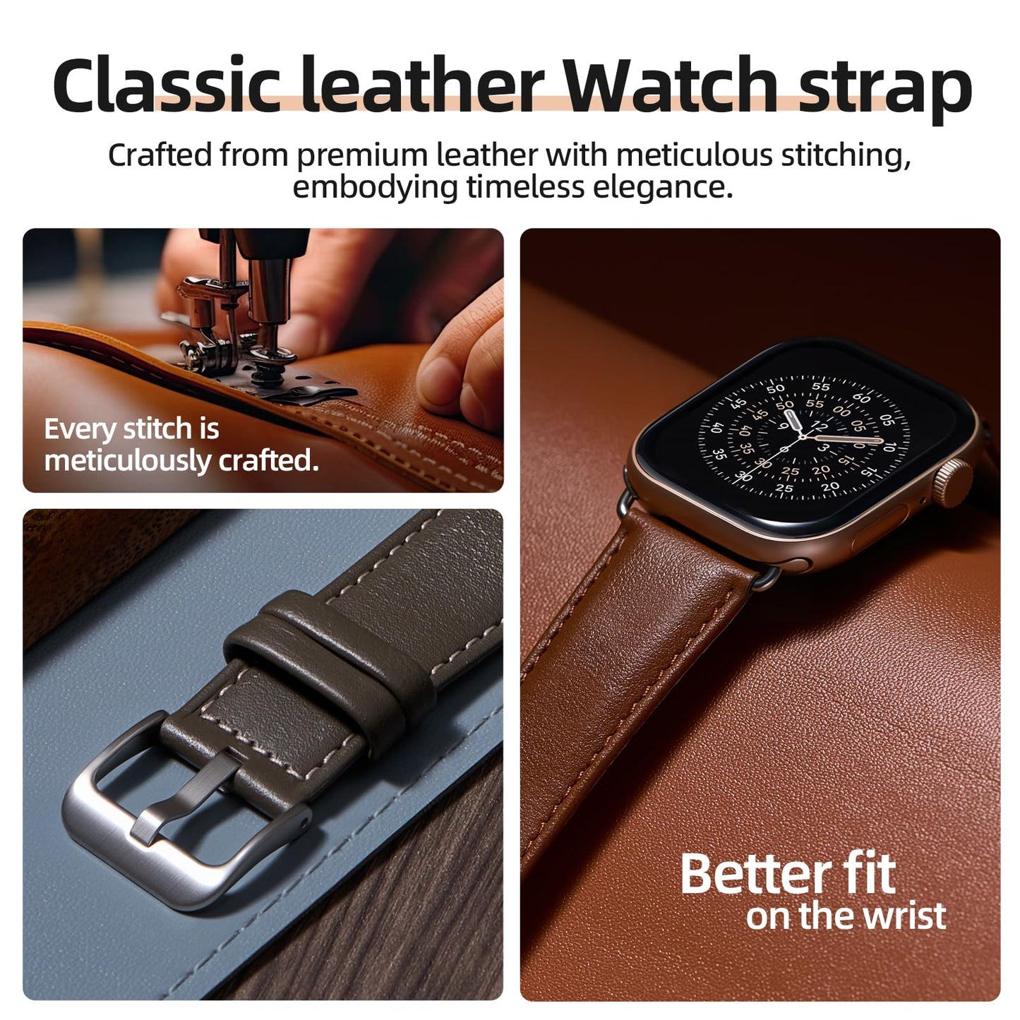 BESTSURE Leather Band Compatible with Apple Watch for Men and Women, Classic Genuine Leather Watch Strap, Fits Ultra/SE/Series 11–3(49/46/45/44/42mm), Brown
