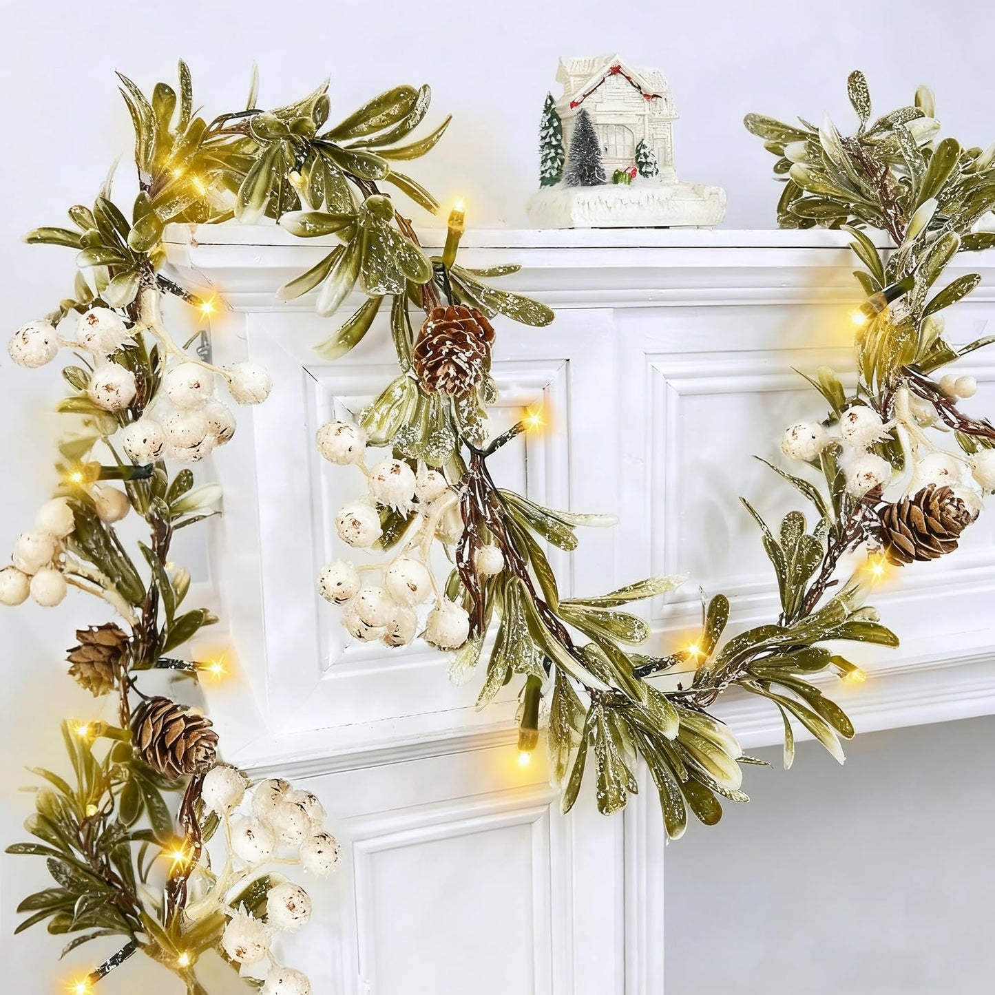 6 FT Mistletoe Lighted Christmas Garland, Prelit Flocked Cedar Garland with Lights Mistletoe Leaves White Berry Pinecorn Warm White Lights Timer, Mantel Party Table Fireplace Home Xmas Decor