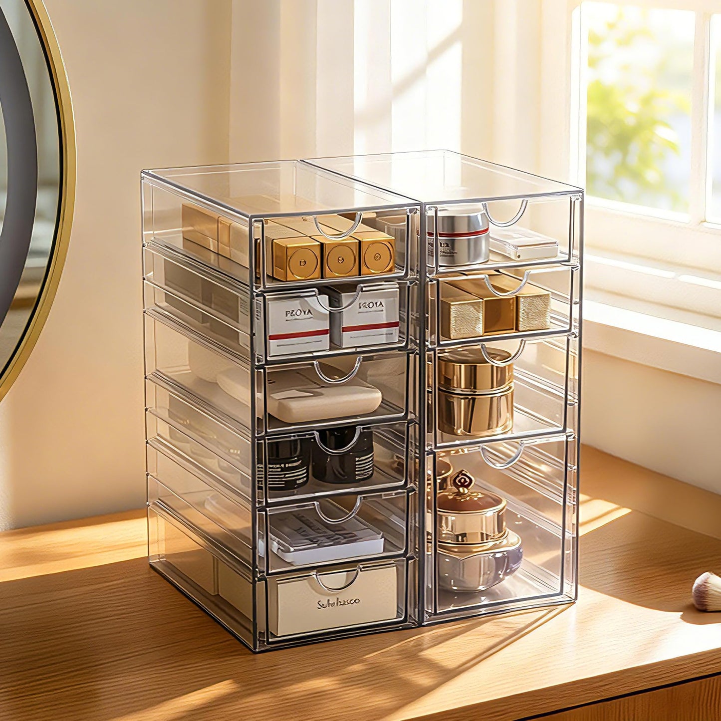 Prsildan Acrylic Drawer Makeup Organizer with 10 Drawers, Set of 2 Office Desk Organizers Accessories, Clear Stackable Storage Drawers for Vanity, Countertop, Craft, Jewelry, Art Supply Organization