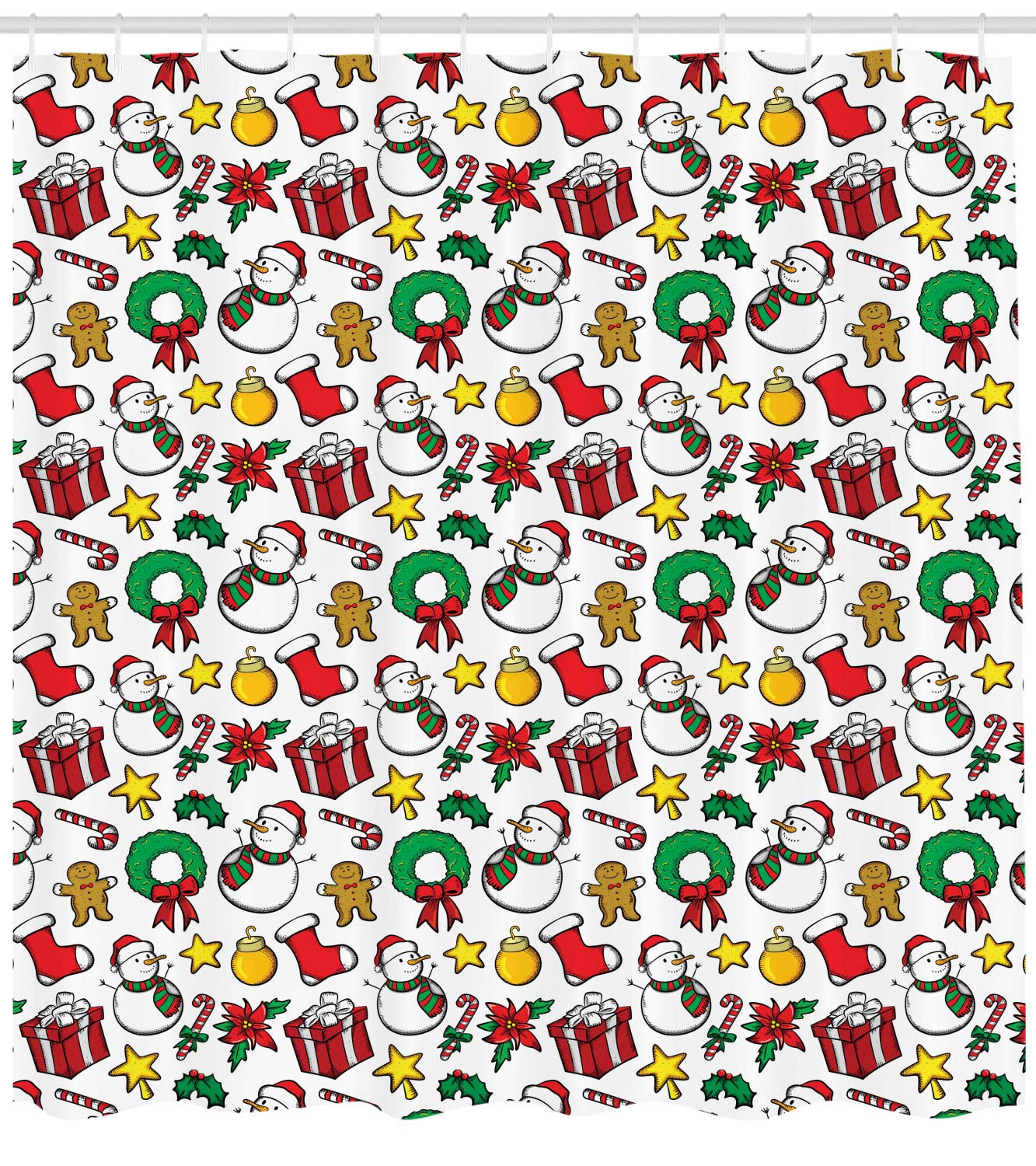 Ambesonne Christmas Shower Curtain, Classical Inspirational Wreath with Candy Cane Snowman Patterns Feast Theme, Cloth Fabric Bathroom Decor Set with Hooks, 69" W x 70" L, Red and White