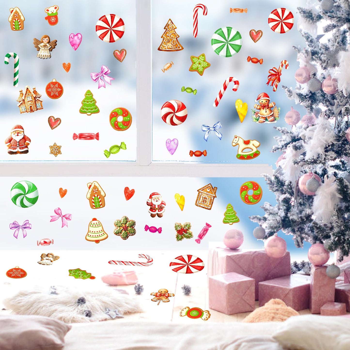 Christmas Ornaments Wall Decals Peel and Stick Christmas Candy Wall Stickers Removable Candy Cane Wall Stickers Peppermint Floor Decals Xmas Candyland Home Decor Holiday Party Decorations