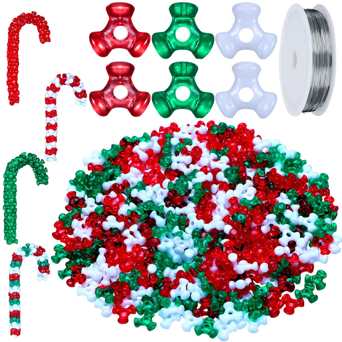 Christmas Tri Beads, Holiday Beaded Ornaments Candy Cane Ornament Craft Kit, Including 0.38 Inch Plastic Tri Beads and Beading Wirefor Christmas Tree Decoration(800)