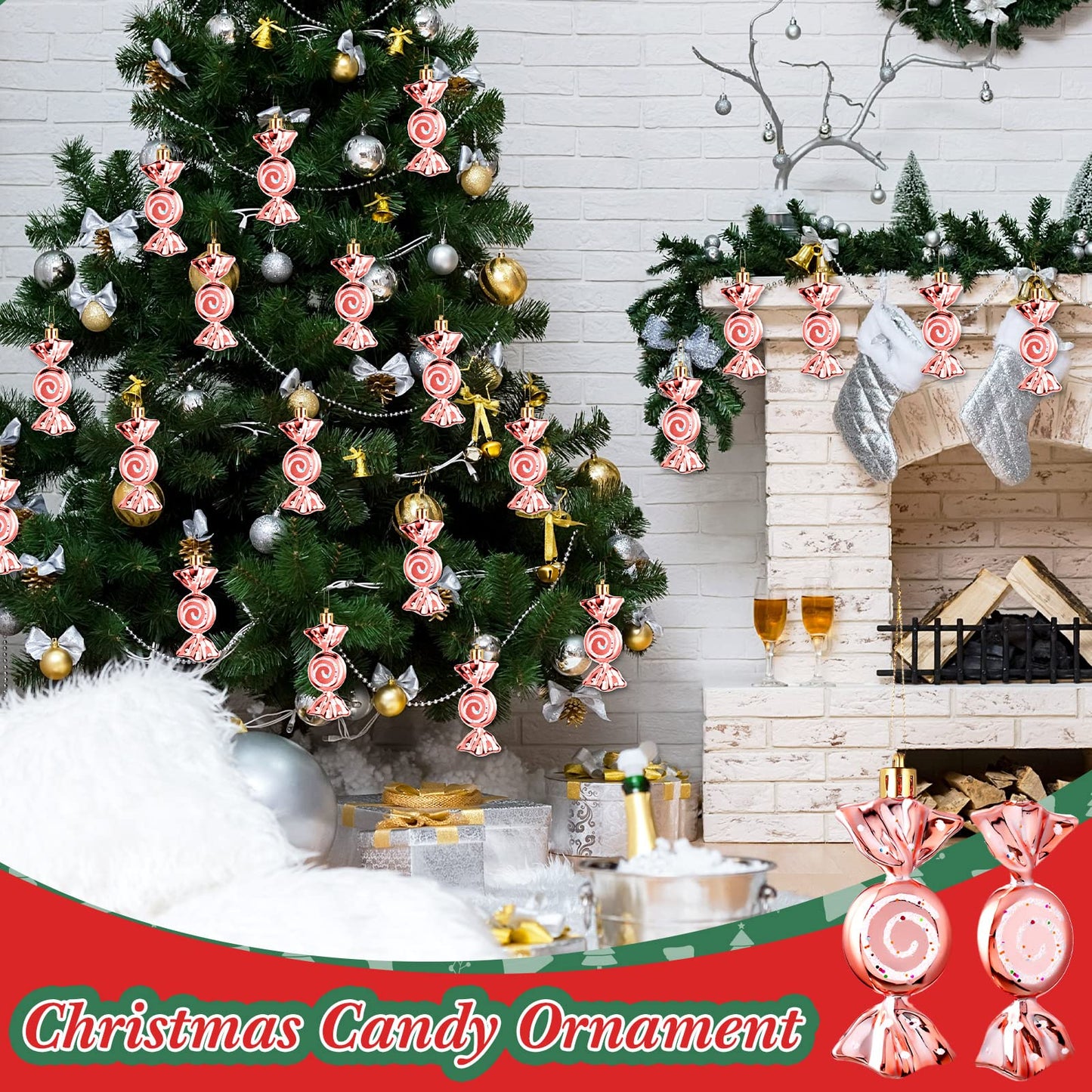 Threan 12 Pcs Christmas Candy Ornaments for Tree Decoration Hanging Glitter Candy Cane Christmas Peppermint Ornament with Golden Rope for Xmas Holiday Decoration(Rose Gold,Plastic)