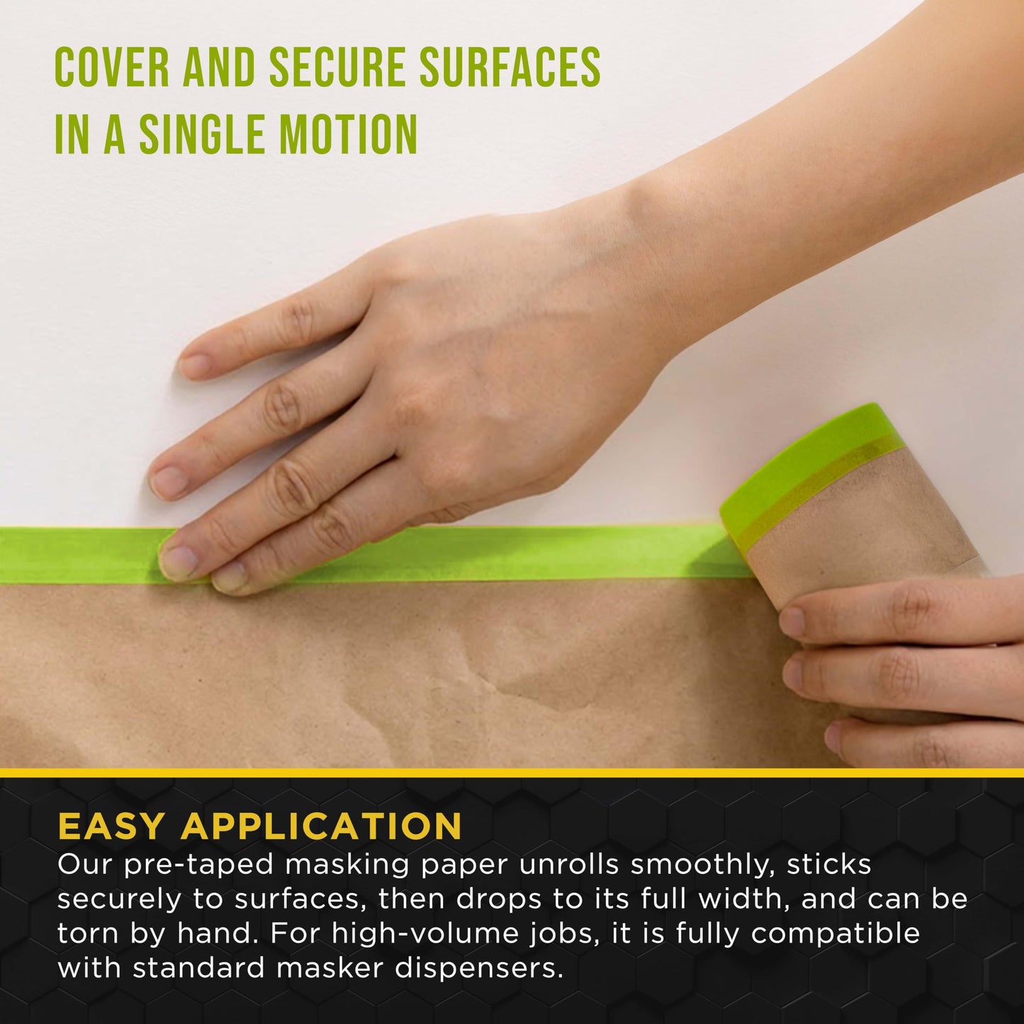 Dura-Gold Pre-Taped Masking Paper for Painting (18" x 50', 2 Rolls) - Tape and Drape Painters Paper, Protective Covering, Overspray Barrier for Home Renovation Projects, Walls Doors, Furniture, Cars