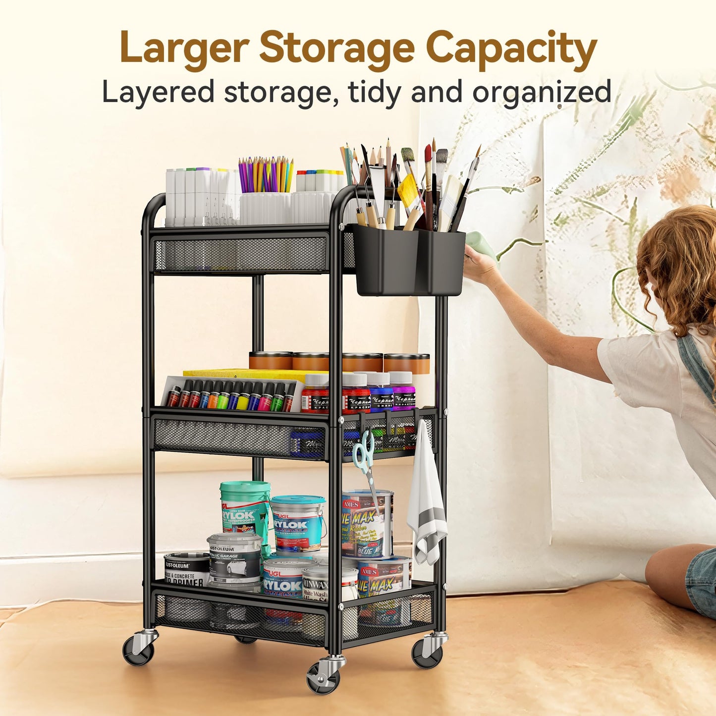 YASONIC 3 Tier Rolling Cart – Metal Utility Storage Carts with Wheels, Craft Cart Organizer with Hanging Cups, Hooks, Mesh Basket for Bedside Kitchen Office Art, Black
