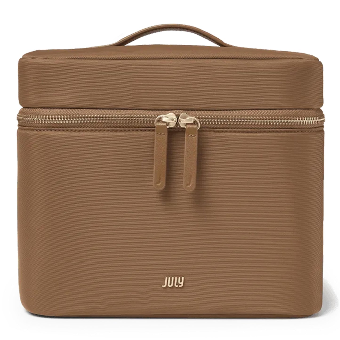 July Vanity Cosmetic Case - Stylish Travel Makeup Bag for Women with Removable Wet Pouch, Upright Bottle Design, Clear Top Pocket, Leather Handle, Travel Essentials, Toiletry Organizer - Light Brown