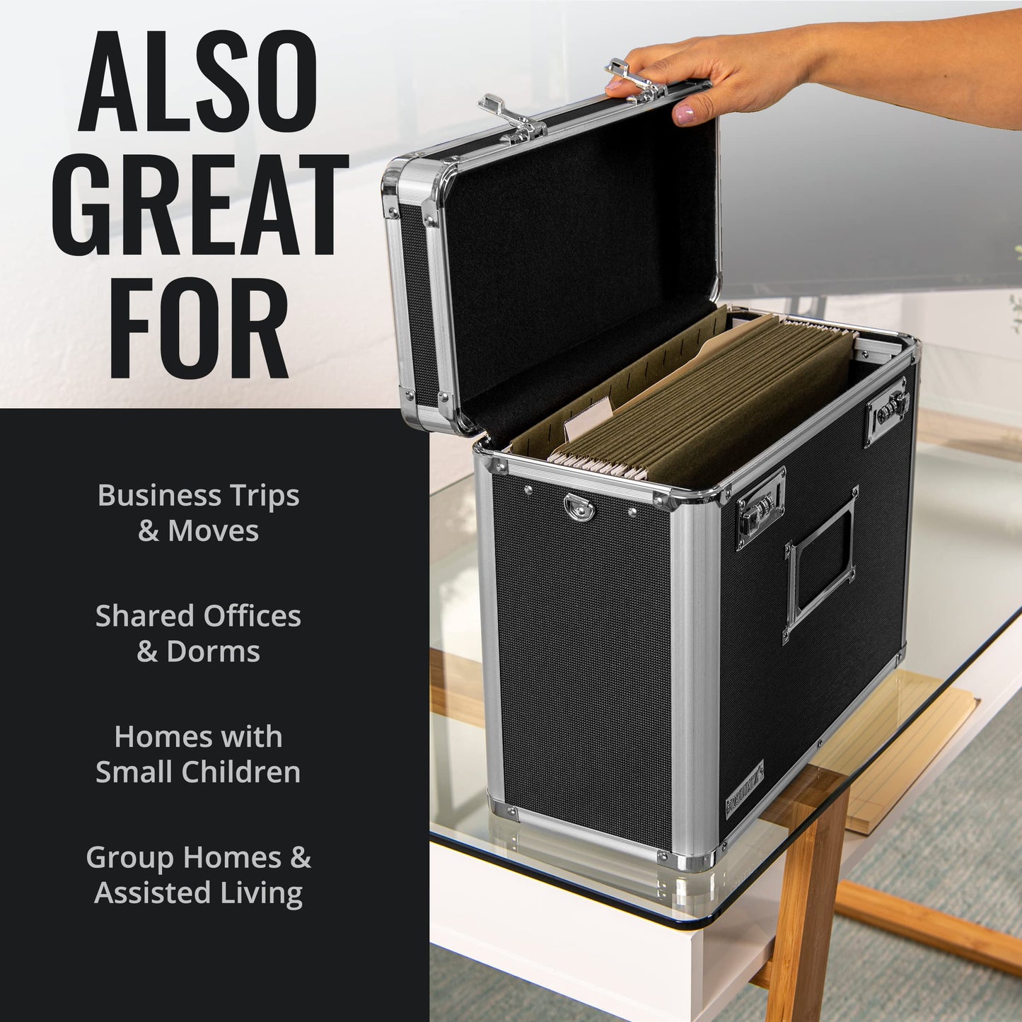Vaultz File Organizer Storage Box - 14 x 7 x 12.19 Inch Letter Size, Portable Locking Storage Totes with Dual Combination Locks for Filing Office Documents - Black