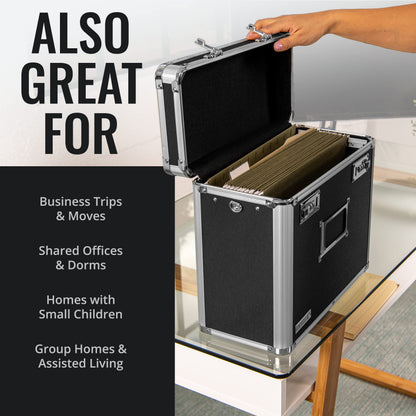 Vaultz File Organizer Storage Box - 14 x 7 x 12.19 Inch Letter Size, Portable Locking Storage Totes with Dual Combination Locks for Filing Office Documents - Black