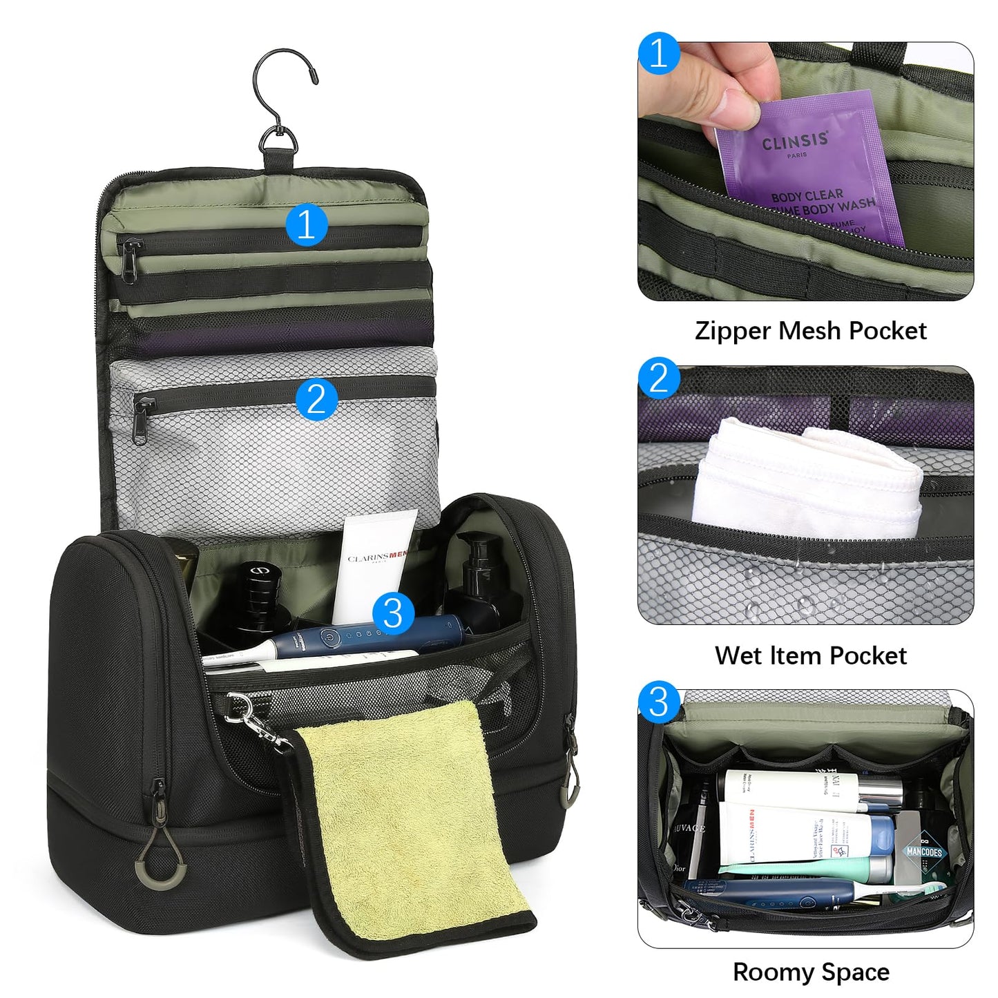 TANGCORLE Toiletry Bag for Men, Handing Travel Toiletry Organizer Protable Water Ressistant Bathroom Shaving Bags for Toiletry Accessories, Travel Essentials, Black(Empty Bag)