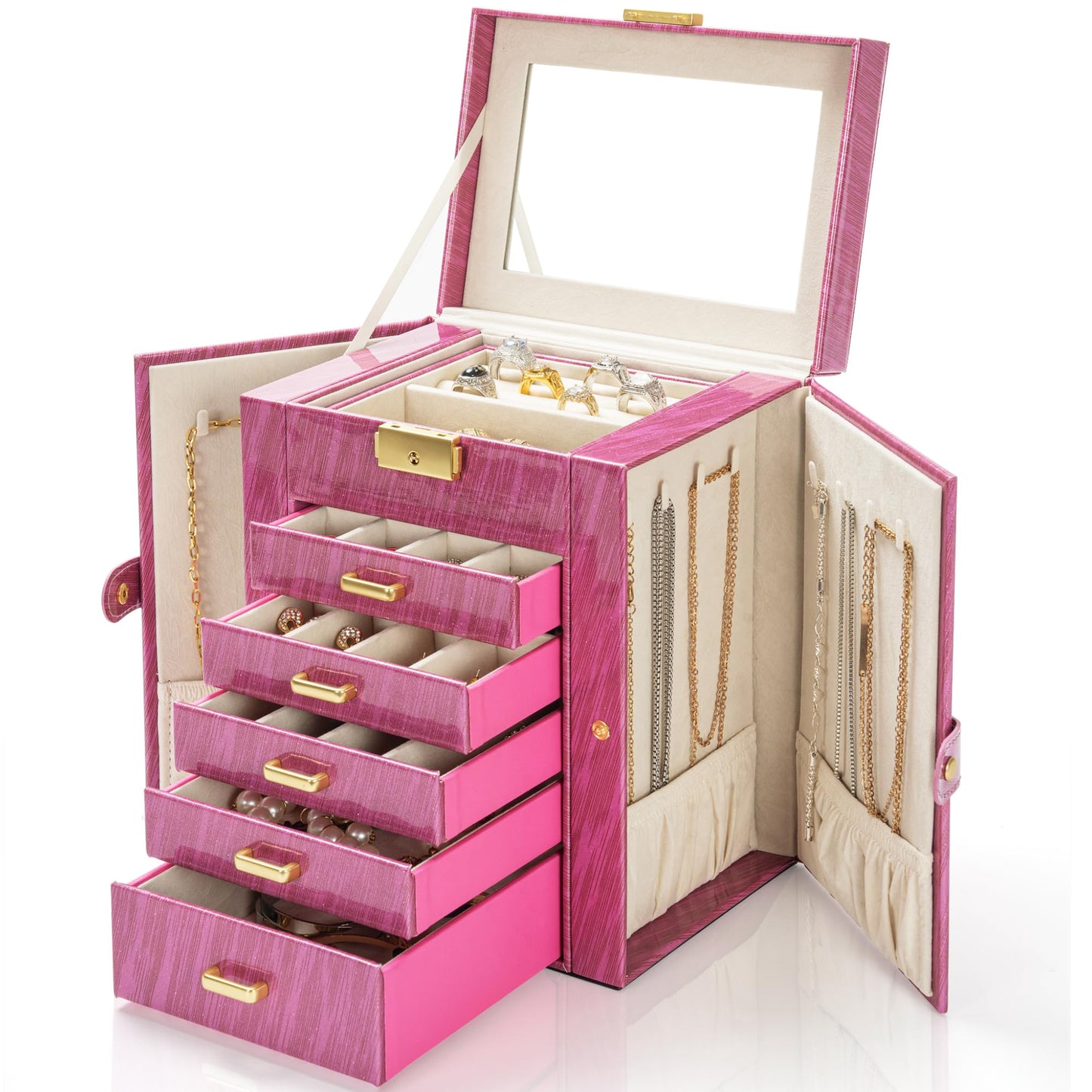 AKOZLIN 6-Tier Jewelry Box Lockable Leather Jewelry Storage Case with 5 Drawers for Women Girls Ring Necklace Earring Bracelet Holder Organizer with Mirror Rose