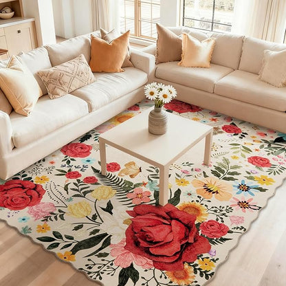 Washable Rugs for Living Room: 5x7 Area Rugs for Bedroom Soft Ultra Thin Stain Resistant Non Slip Low Pile Lightweight Vintage Floral Carpet for Dining Room Decor (Beige)
