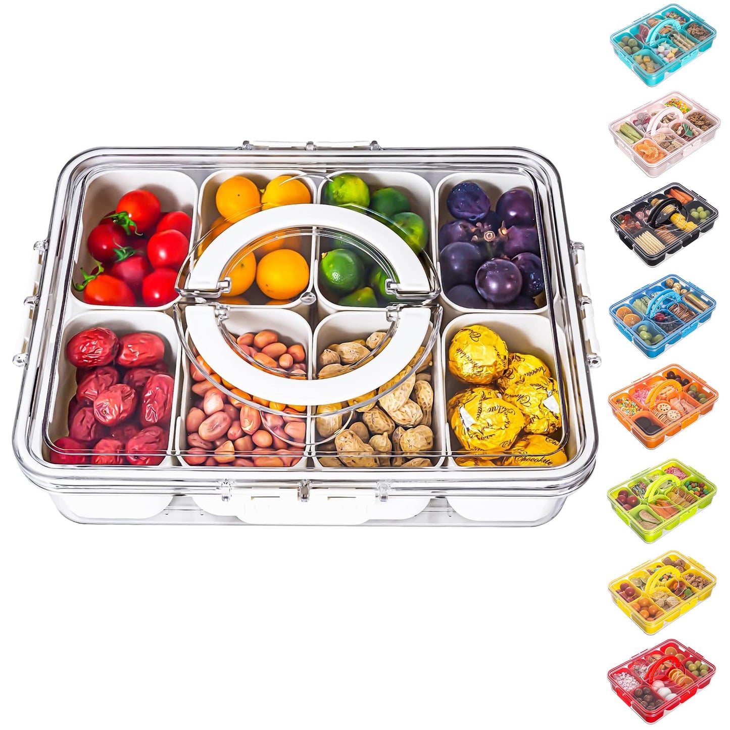 Dingerjar Divided Serving Tray with Lid and Handle - Snackle Box Charcuterie Container for Portable Snack Platters - Clear Organizer for Candy, Fruits, Nuts, Snacks - Perfect for Party, Entertaining