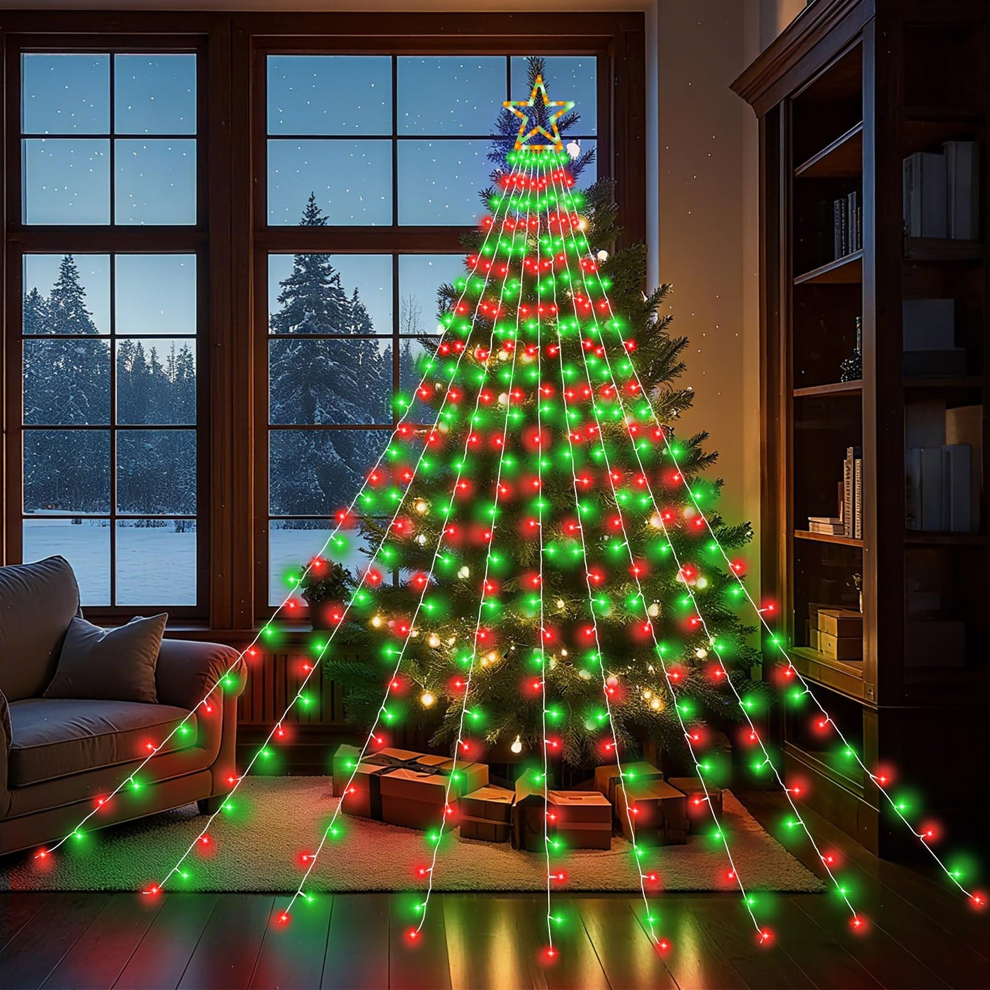 Christmas Decorations Outdoor, 11.5 ft 317 LED Star Christmas Tree Lights, 8 Memory Lighting Modes&Timer Star Light for Yard, Wedding, Party, Decorations（Red+Green）