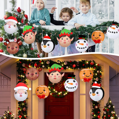 Baquler 12 Pcs Christmas Paper Lanterns 8 Inch Christmas Party Lanterns Gingerbread Man Elk Snowman Green Elf Winter Round Hanging Ornaments for Xmas Winter Holiday Decorations