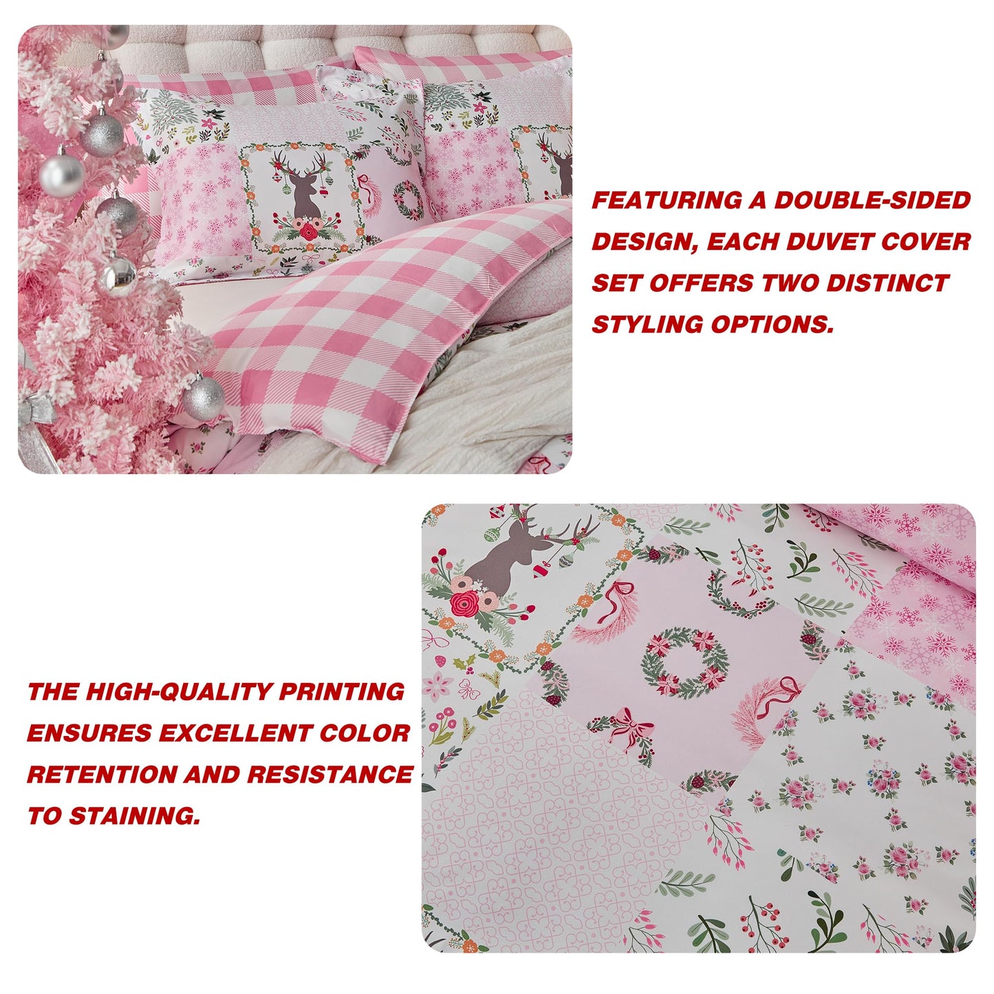 Joyreap 3pcs Christmas Duvet Cover Set King, Pink n White Xmas Patchwork Design Comforter Cover Set, Includes 1 Duvet Cover and 2 Pillow Shams