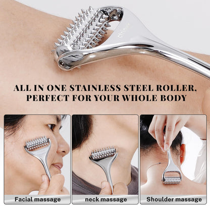 ctriovk Acupuncture Massage Roller, Stainless Steel, Portable Manual Roller for Whole Body Pain Relief, Puffiness Reduce and Muscle Relaxation Massage