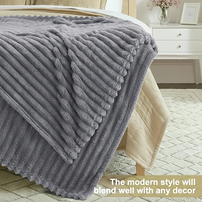 decorUhome Soft Fleece Grey Blanket King Size for Bed, Cozy Fluffy Plush Flannel Large Striped Throws for Couch Sofa, Lightweight Decorative Fuzzy Blanket for Woman, 108x90 Inches