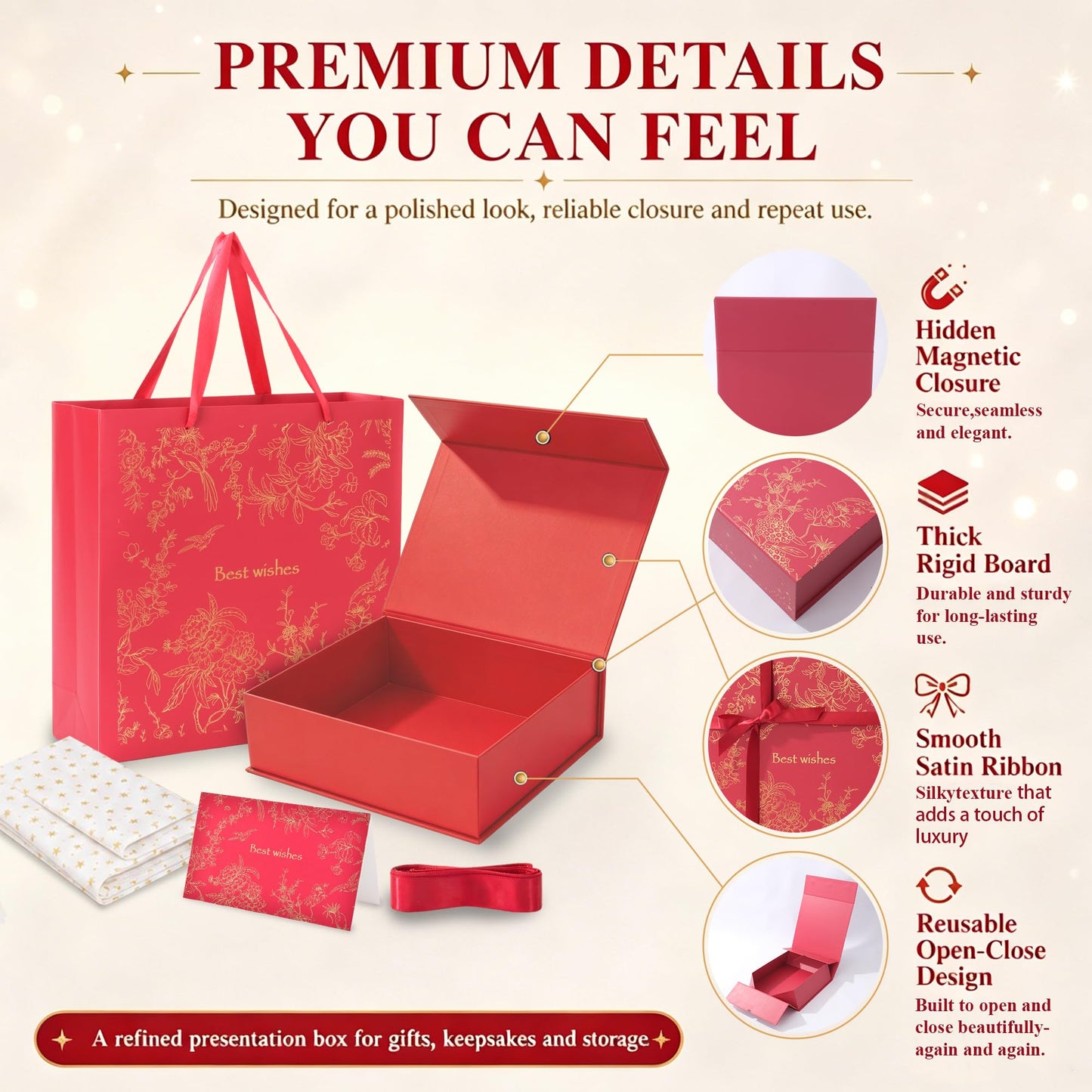 Amalee Luxury Gift Box, Large Deep Red 12”x12”x4” with Strong Magnetic Lid, Elegant Glue-Free Assembly, Includes Ribbon & Card for Wedding, Birthday, Christmas Gift Packaging