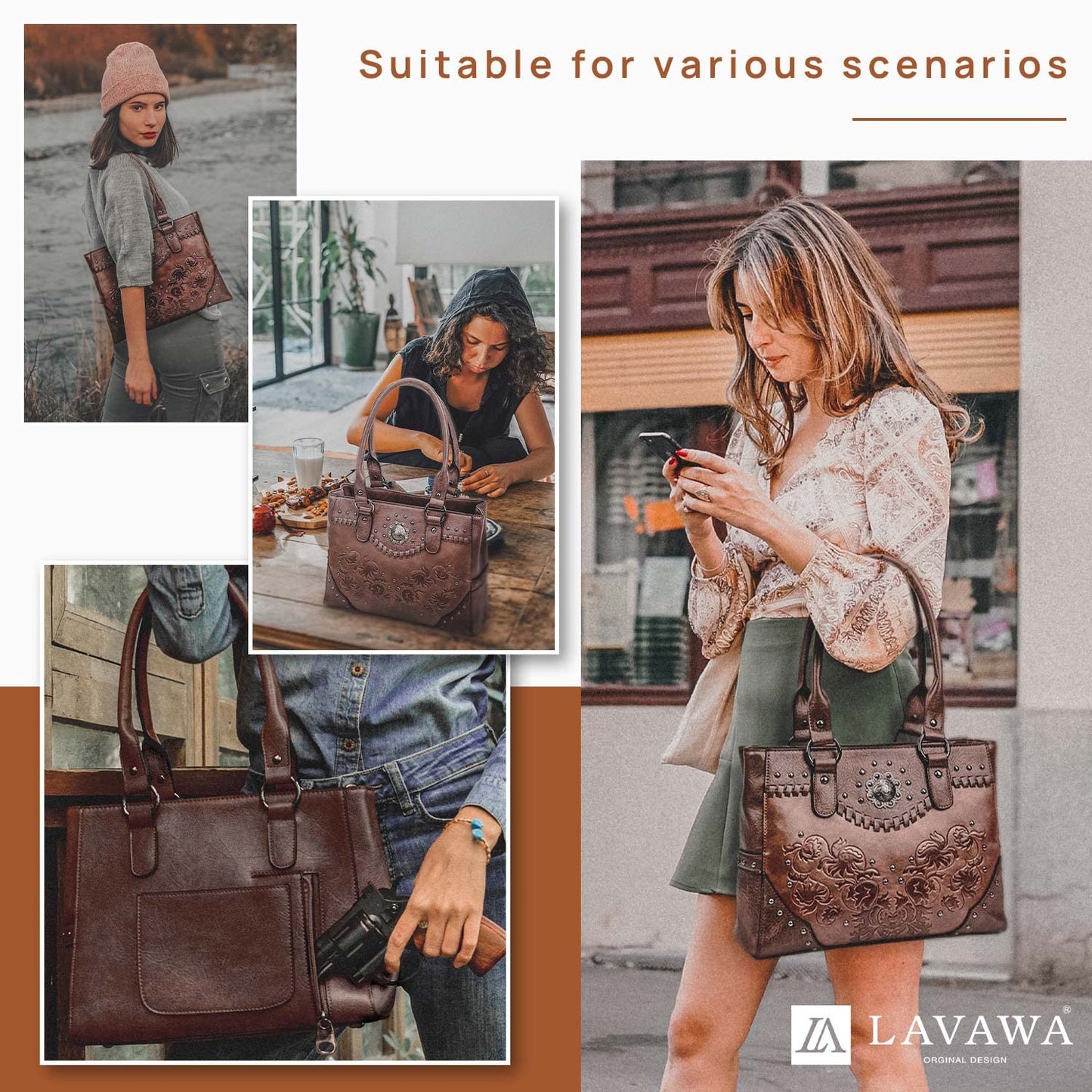 LAVAWA Tote Bag for Women Large Western Purse Ladies Top Handle Shoulder Handbags Vintage Embossed Concho Studs (Coffee