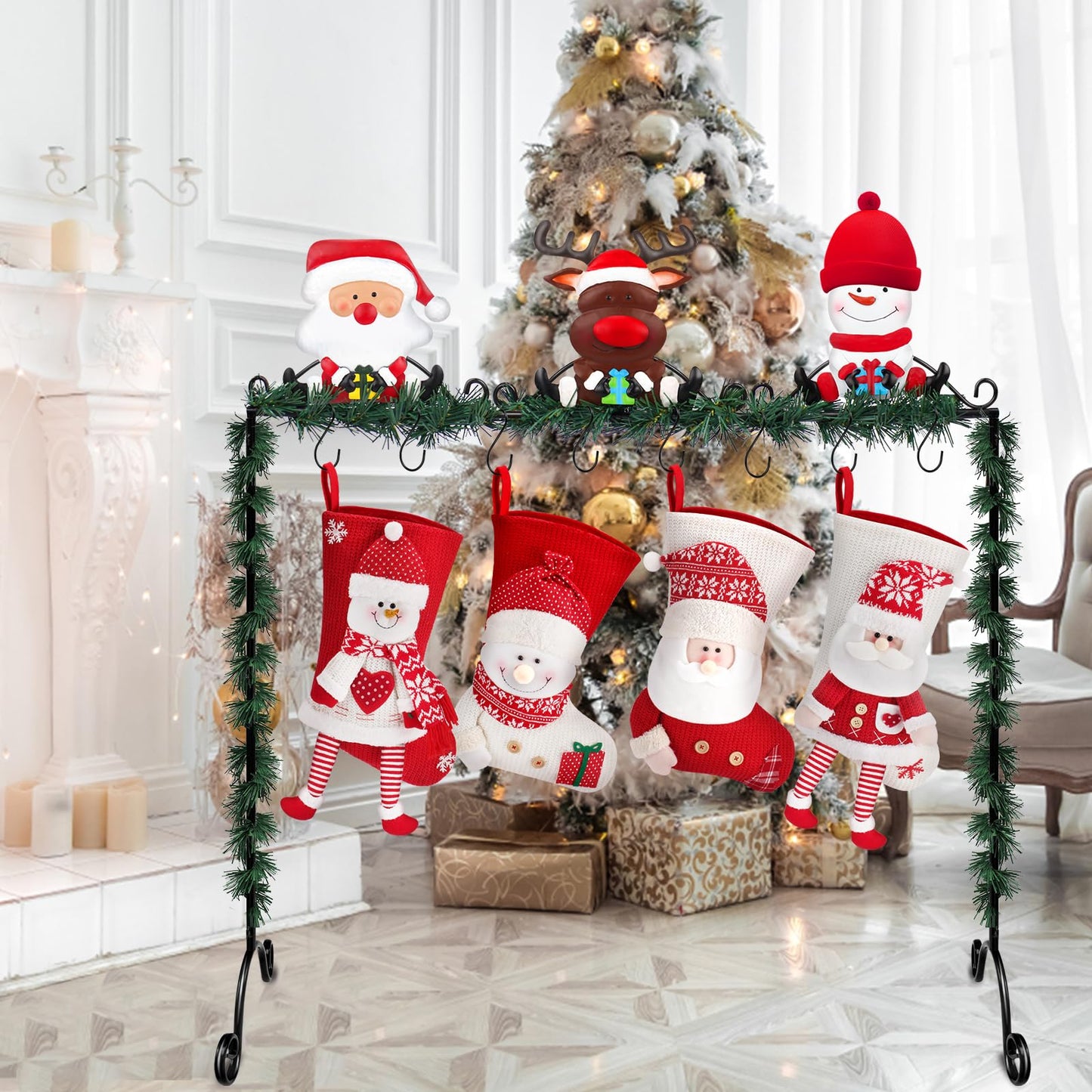 Mukum Christmas Stocking Holder Stand Hangers with 8 Hooks Metal Stocking Holder Freestanding for Floor Christmas Stocking Holders Christmas Decorations