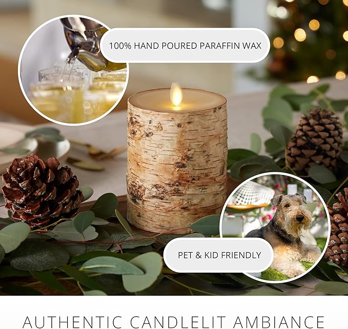 Luminara Real Birch Bark Wrapped Flameless LED Candle, 4" x 5.3", Battery Operated Moving Flame Pillar Light with Timer - Natural Decor Unscented