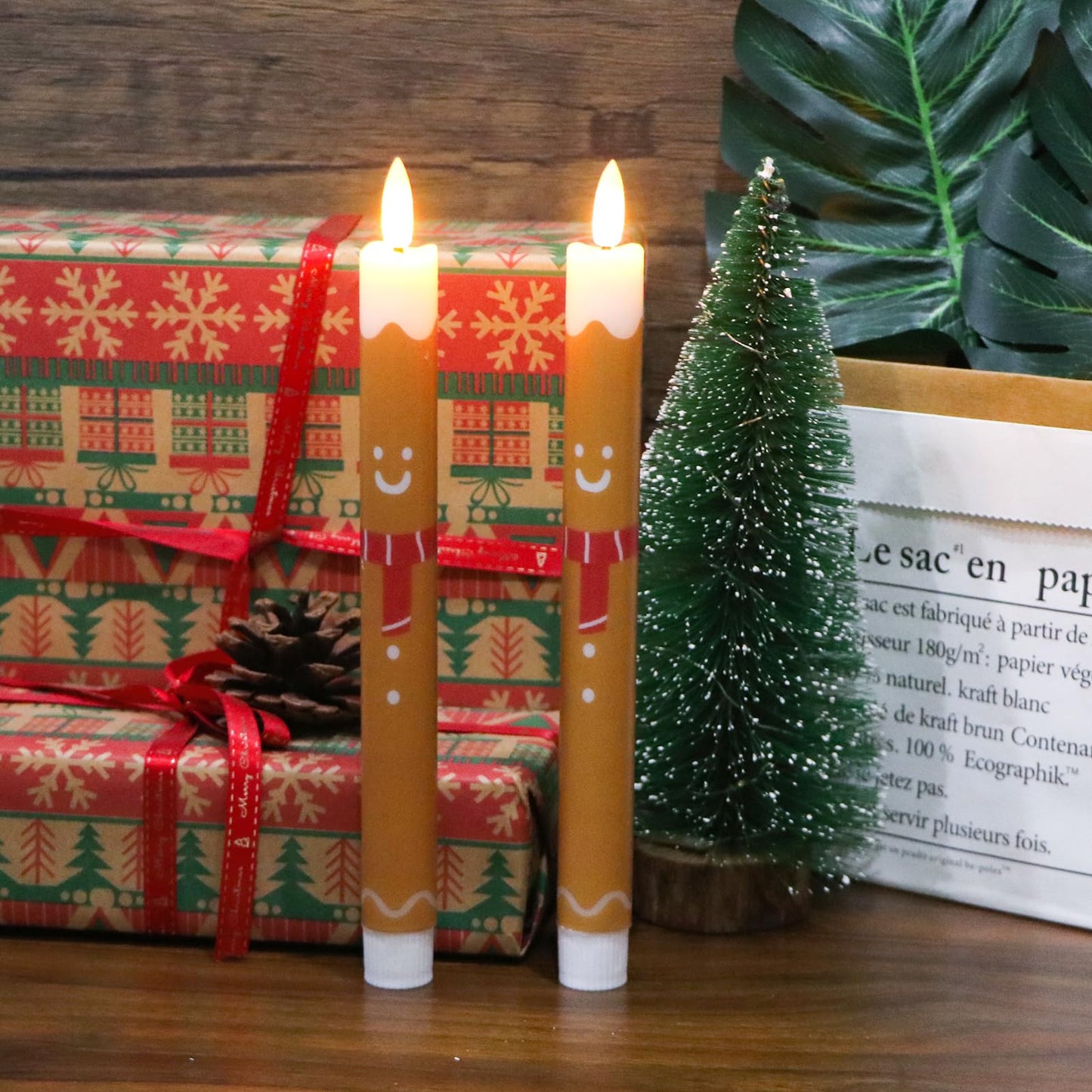 Lasumora Gingerbread Man LED Flameless Taper Candles, 2 Pack with 6H Timer, 3D Flickering Flame, Plastic, Brown