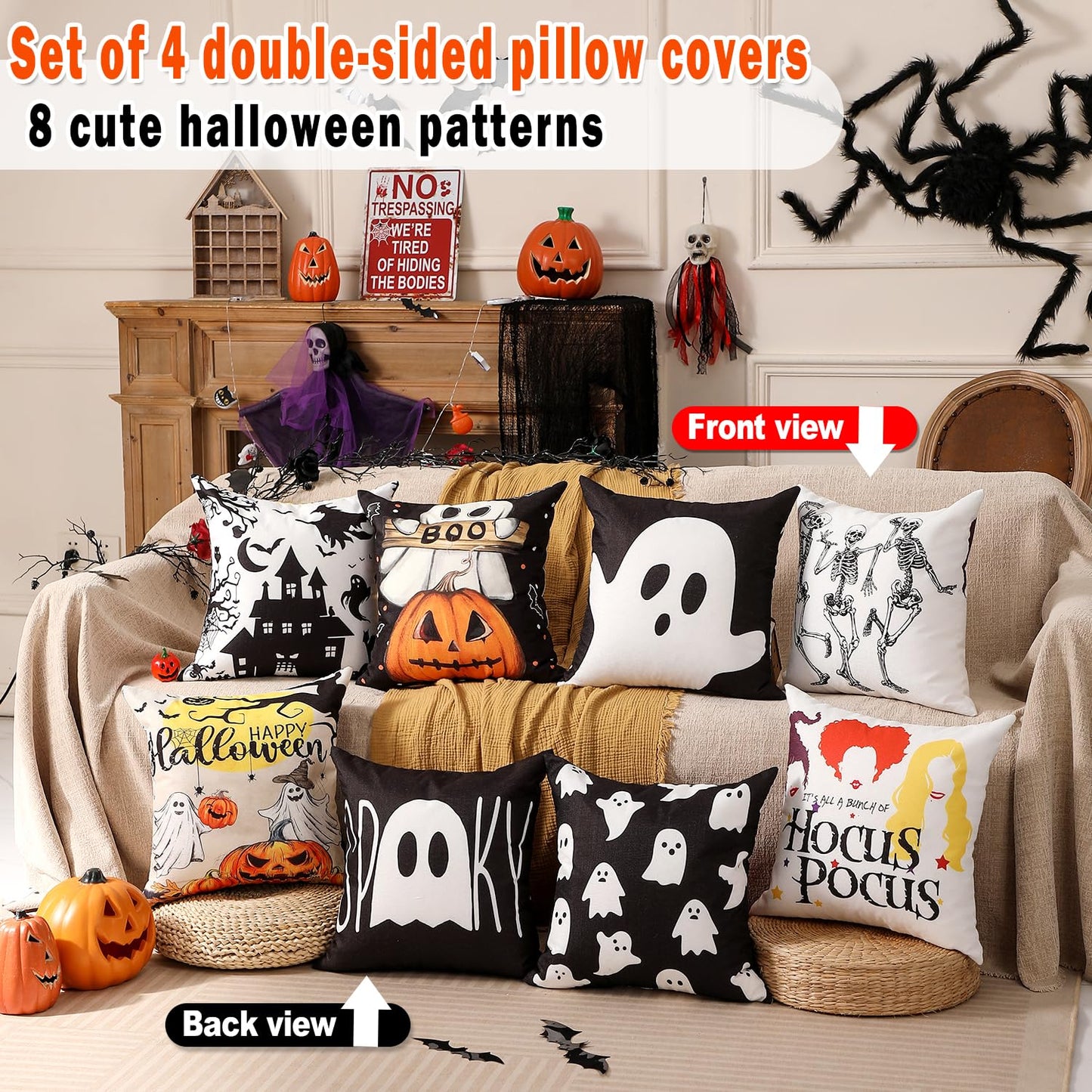 multiwins Halloween Decorations Set of 4 Double-Sided Print Ghost Pillow Covers 18" x 18", with 8 Cute Halloween Decor Patterns, Soft Linen Throw Pillow Covers for Outdoor & Indoor Use