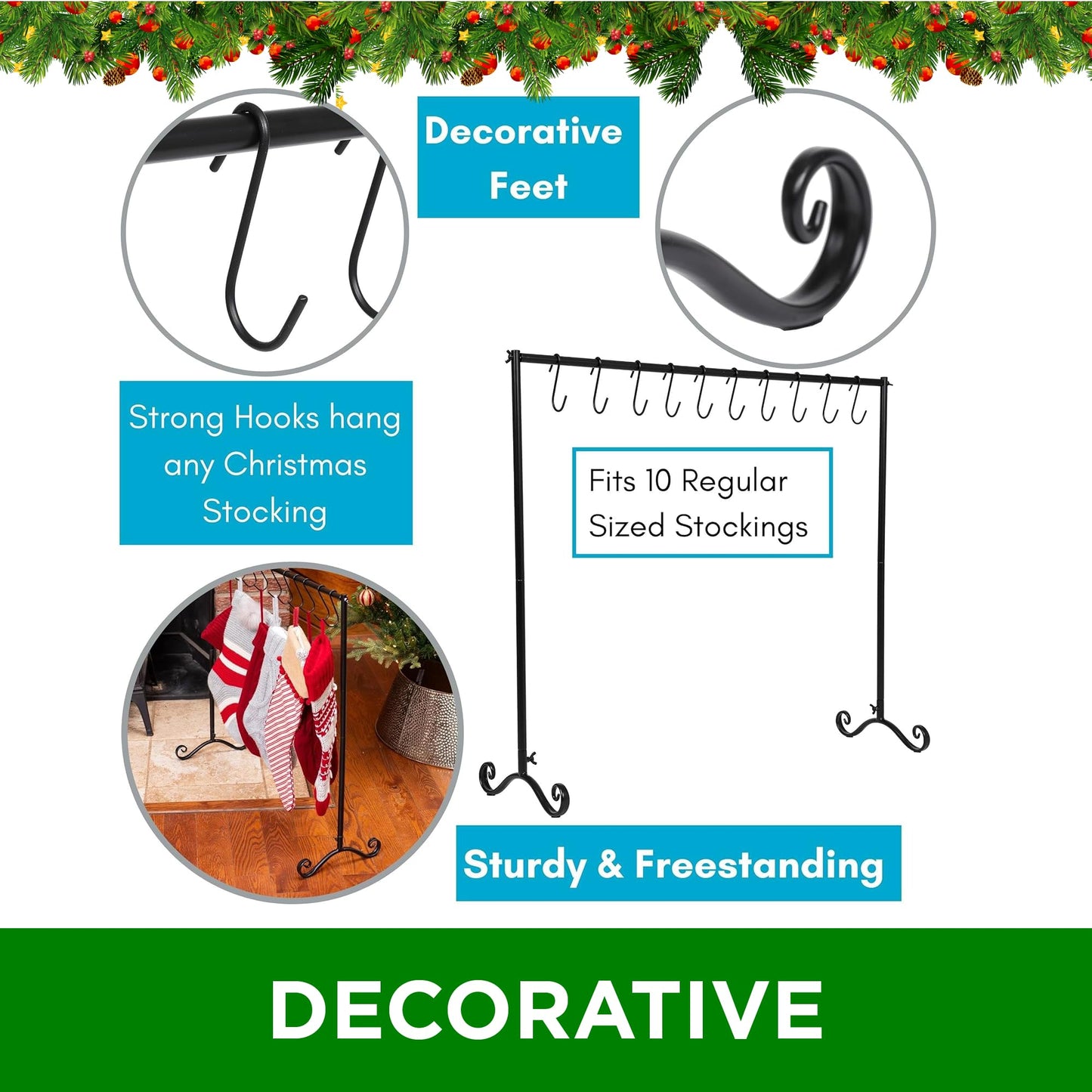BIRDROCK Home 10-Hook Christmas Stocking Holder Stand | Lightweight Iron Metal Freestanding Rack for Holiday Decor | Versatile Stocking & Ornament Hanger Display for Home, Floor & Living Room - Black