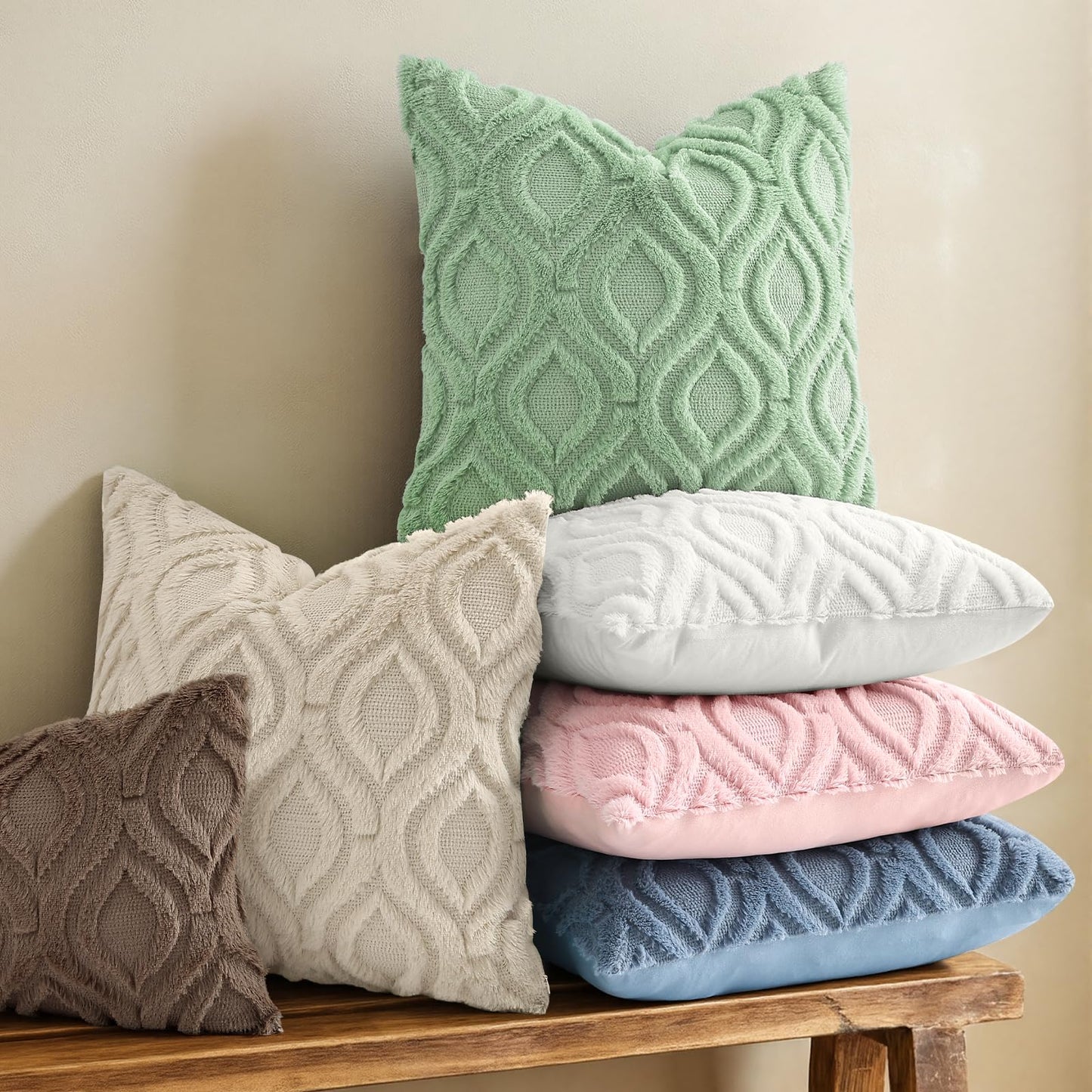 decorUhome Fall Throw Pillow Covers 18x18 Inch Set of 2, Soft Plush Faux Wool Beige Solid Couch Pillow Covers, Accent Farmhouse Neutral Square Pillow Cases for Sofa Bed Living Room