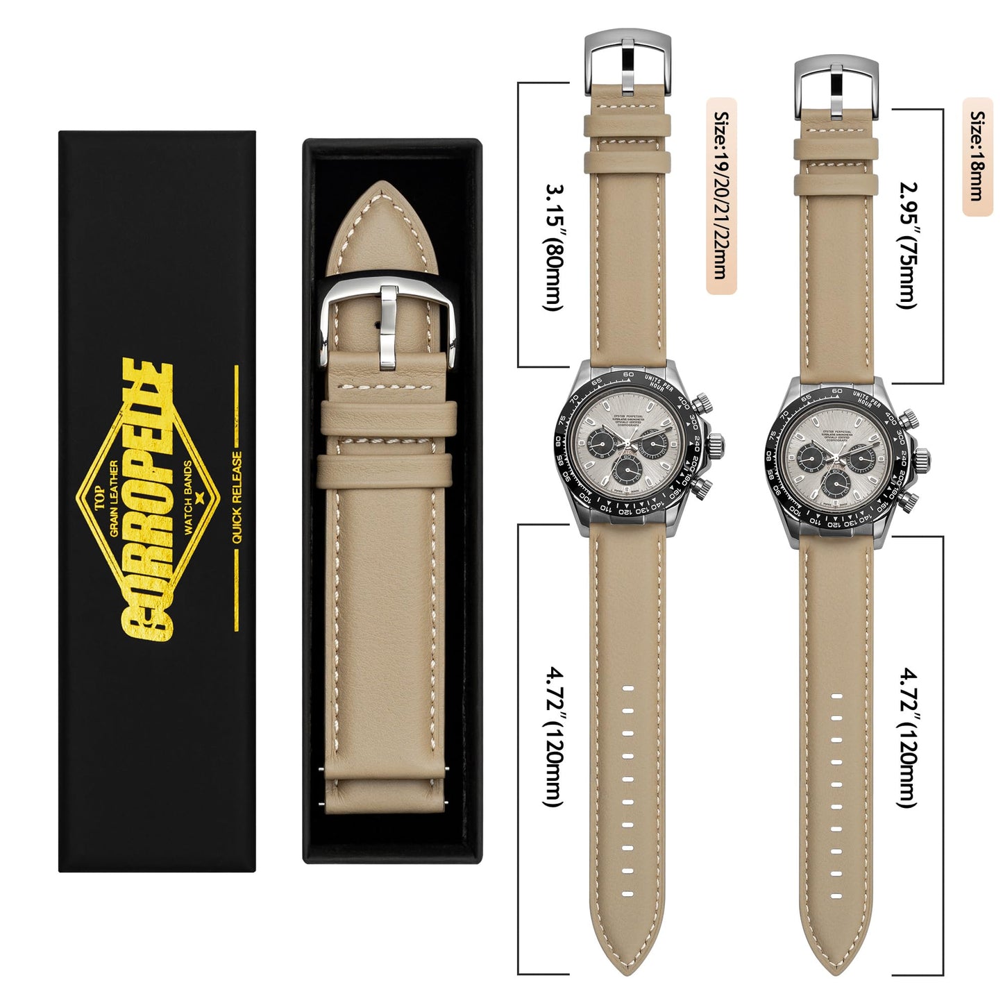 CORROPELLE Leather Watch Band Strap Quick Release, Soft Padded Top Grain Nappa Leather Wrist band for Men Women, Choice of Width 18mm 19mm 20mm 21mm 22mm Replacement band for Watch & Smartwatch