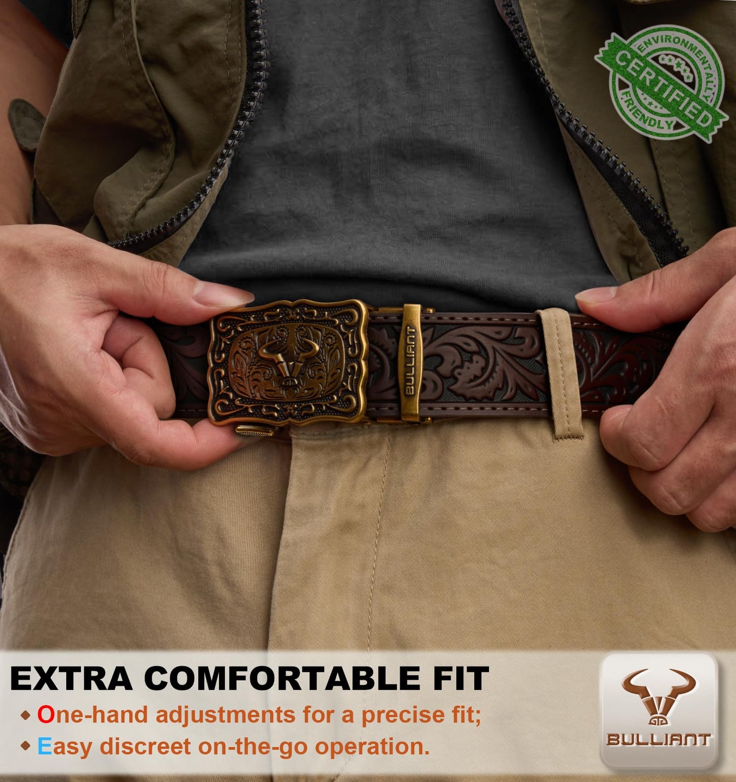 BULLIANT Men Belt-Ratchet Western Belt Adjustable for CowBoy Jean Casual Outdoor 1 1/2"-Cut For Fit(Deep Brown,38"-44" Waist Adjustable)