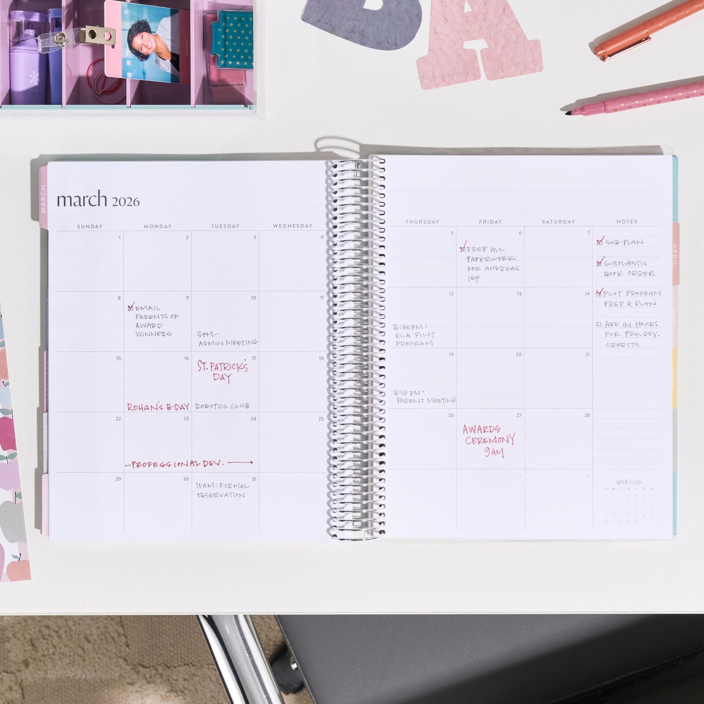 8.5x11 Coiled Teacher Lesson Planner (January 2026 - December 2026) - Teach classic cover, vertical layout, Pastel Minimal theme, platinum coil